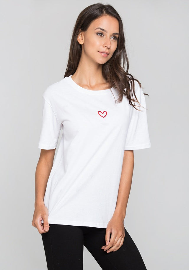 White Over-sized T-shirt with Single Heart Embroidery
