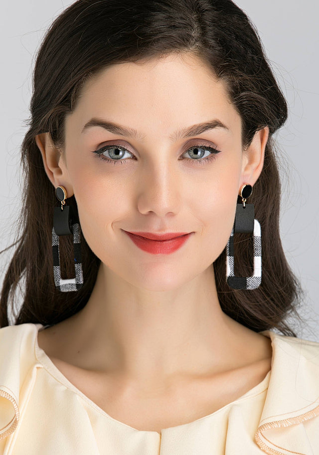 Black Button Stud and Check Rectangle Cut out Earrings