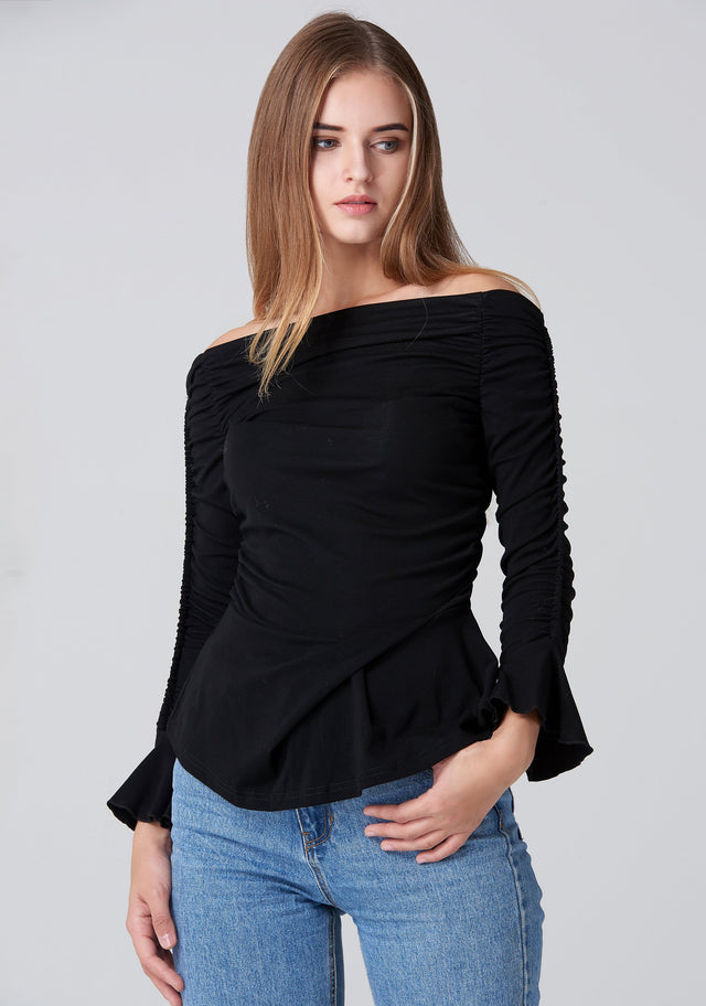 Black Off the Shoulder Gathered Sleeve Peplum Top