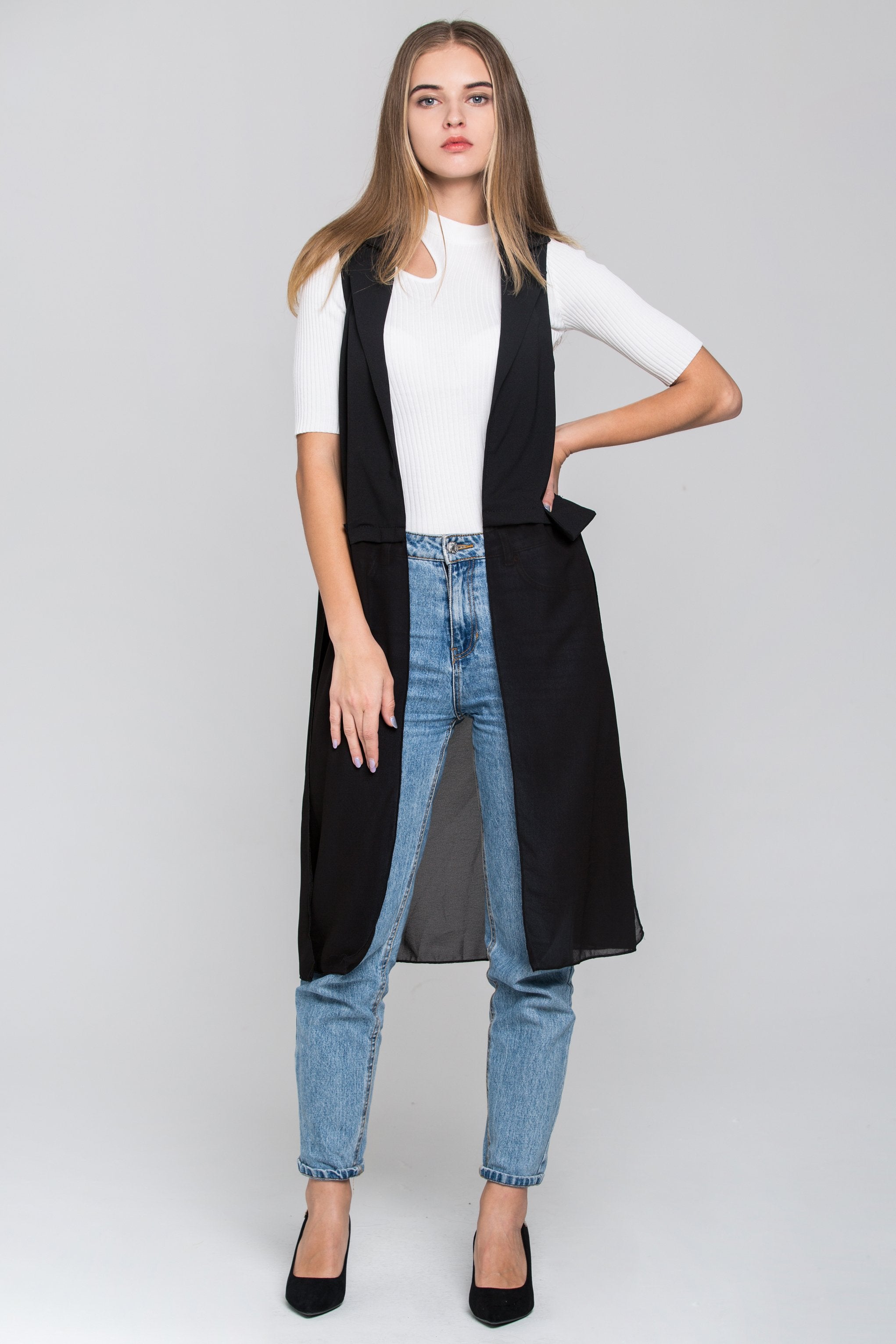Black Sheer Hem Long Vest Black Sheer Hem Long Vest