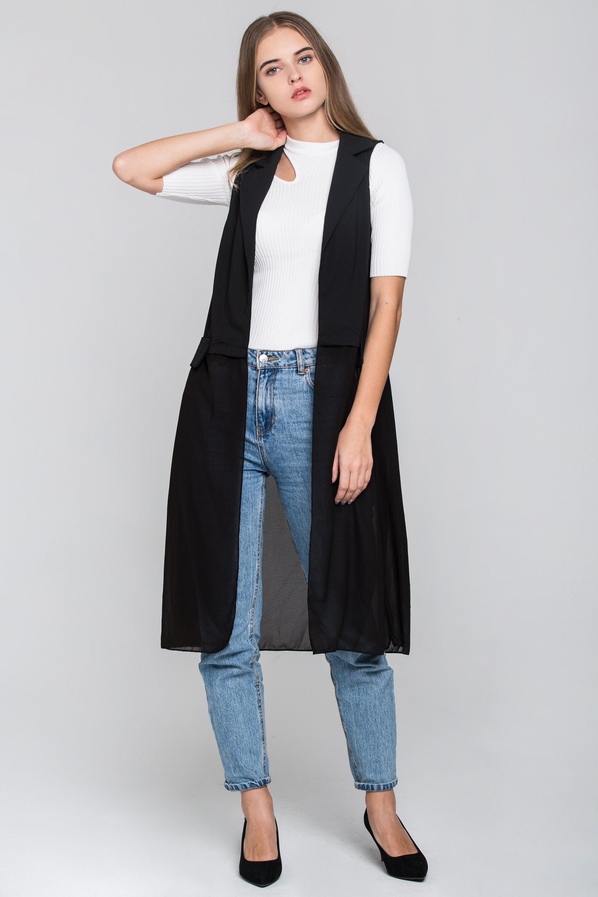 Black Sheer Hem Long Vest Black Sheer Hem Long Vest