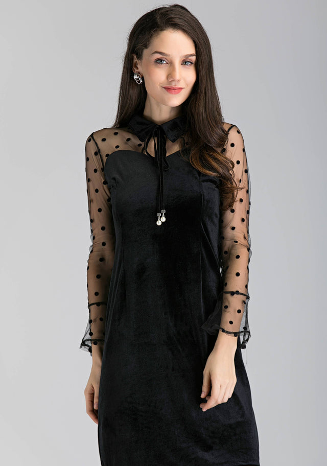 Black Velvet Sheer Sleeve Polka Dot Sleeve Midi Dress
