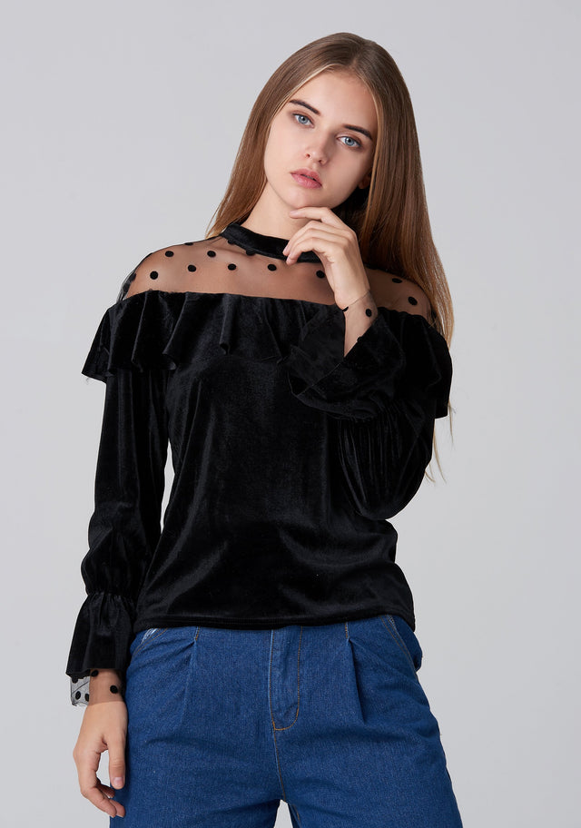 Black Velvet Sheer Yoke Bardot Top