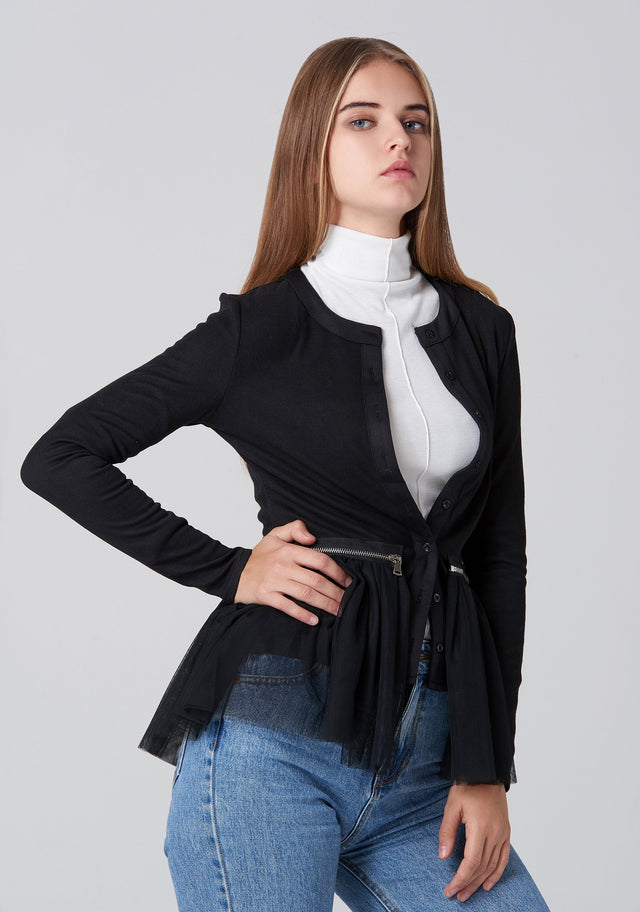 Black Zip Flounced Tulle Panel Cardigan