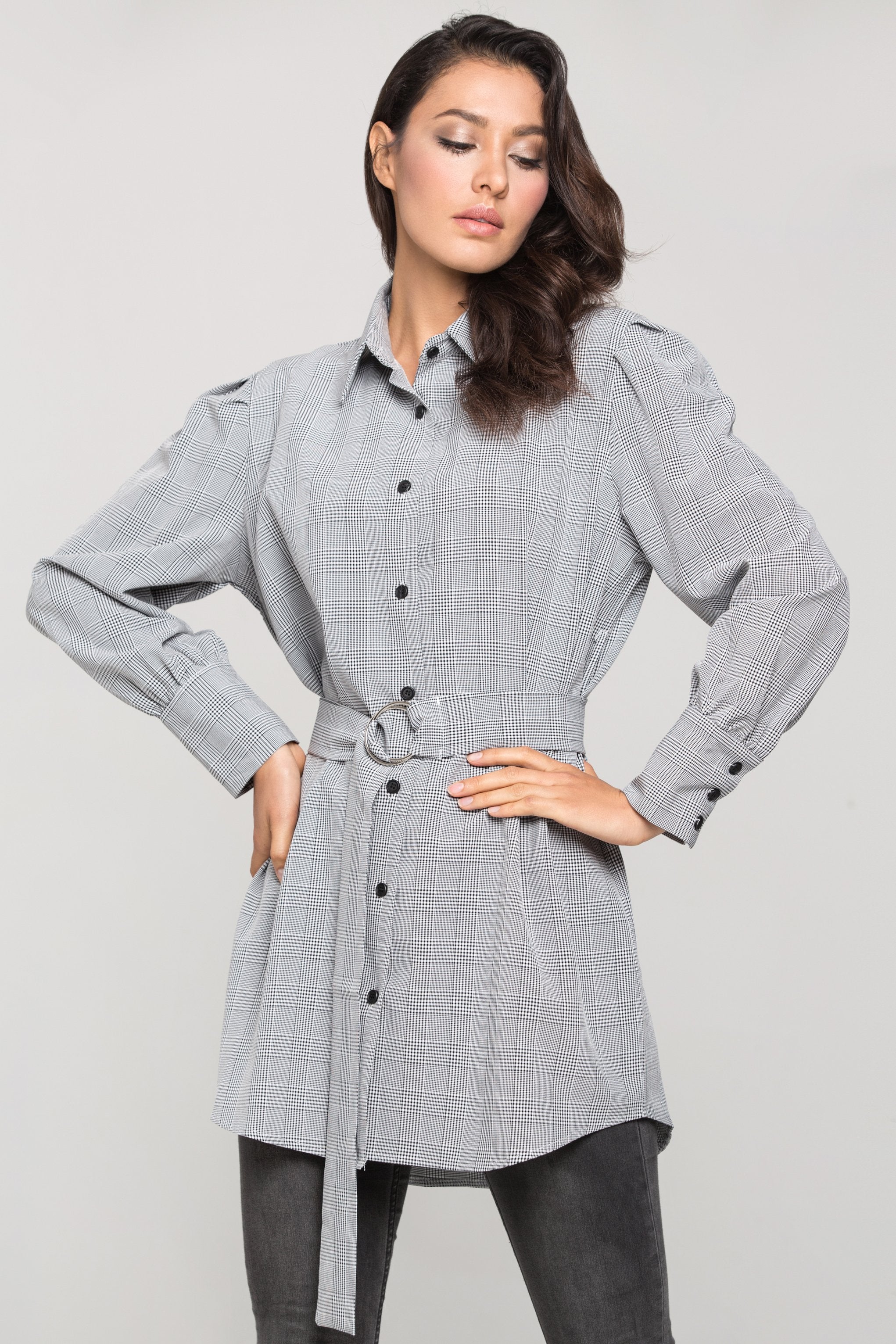 Black and White Glenn Plaid Belted Shirt Dress Black and White Glenn Plaid Belted Shirt Dress
