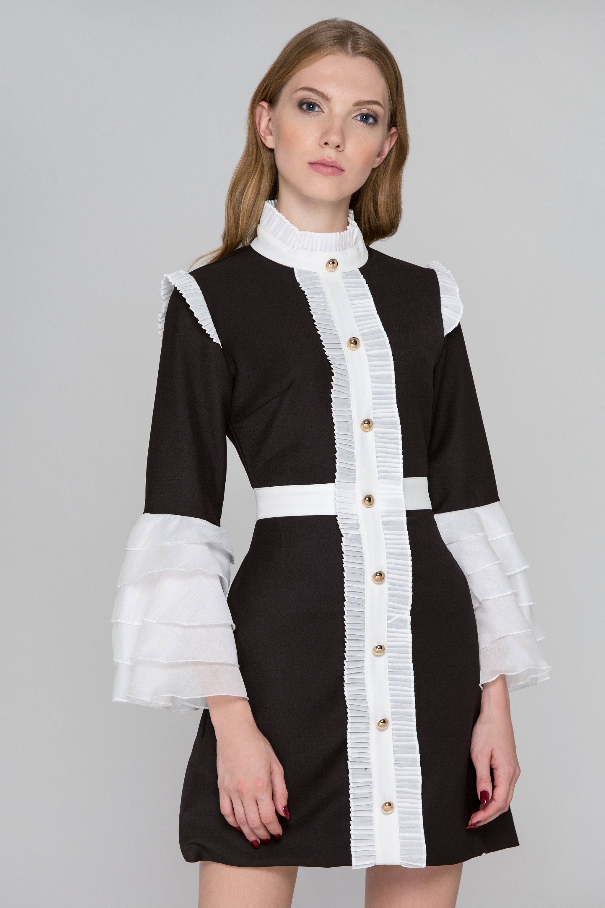 Black and White Pleated Ruffle Bell Sleeve Midi Dress Black and White Pleated Ruffle Bell Sleeve Midi Dress