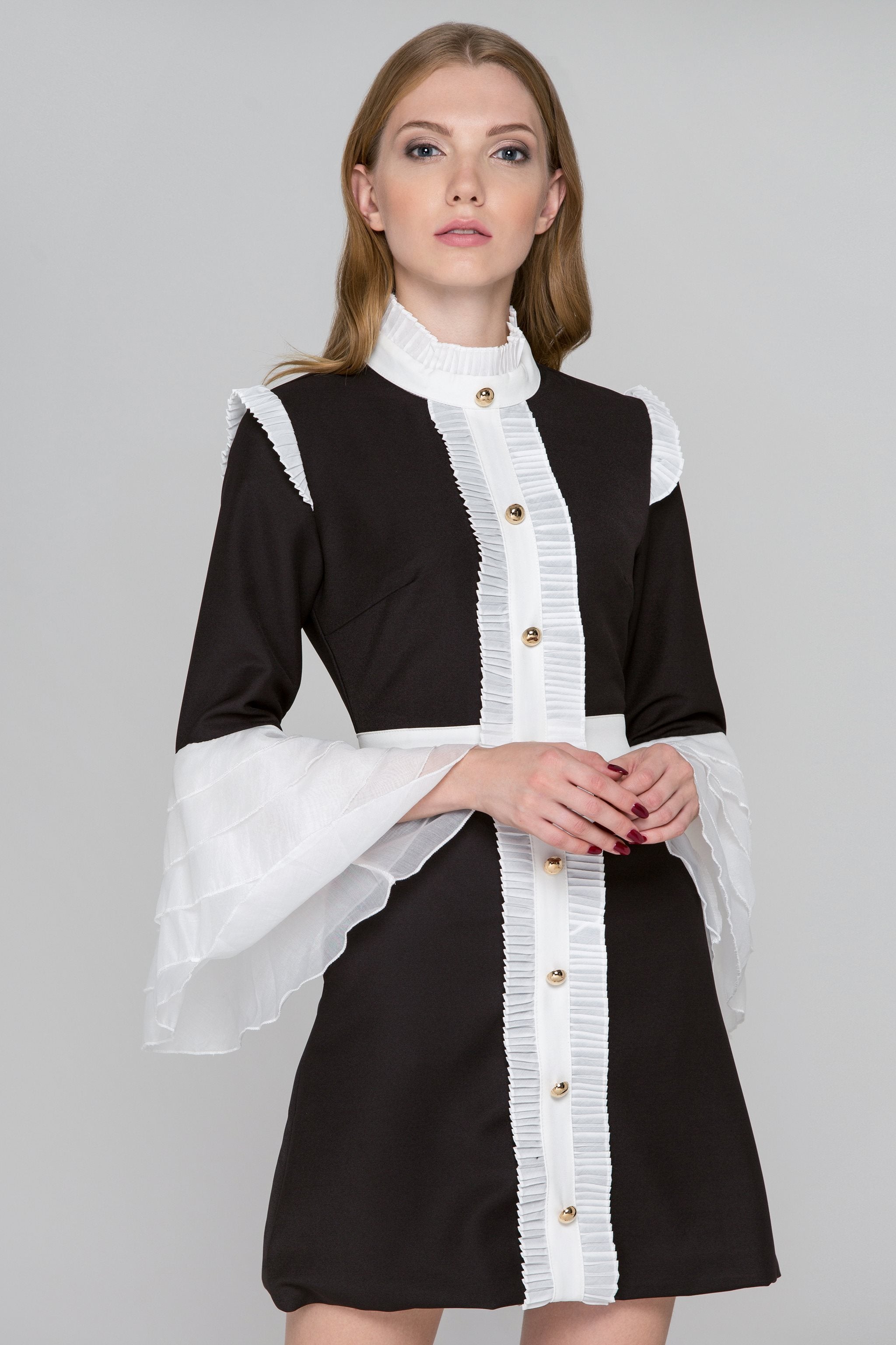 Black and White Pleated Ruffle Bell Sleeve Midi Dress Black and White Pleated Ruffle Bell Sleeve Midi Dress