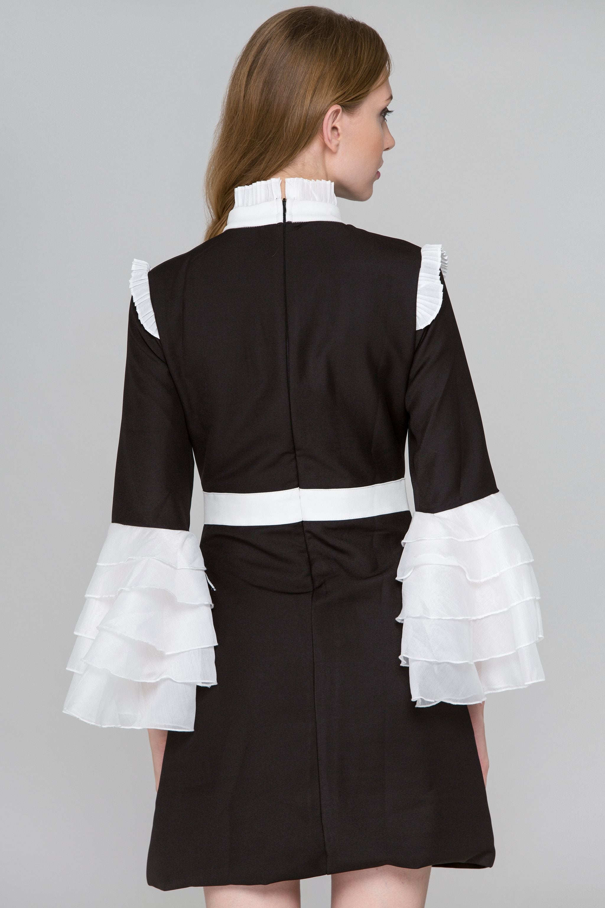 Black and White Pleated Ruffle Bell Sleeve Midi Dress Black and White Pleated Ruffle Bell Sleeve Midi Dress