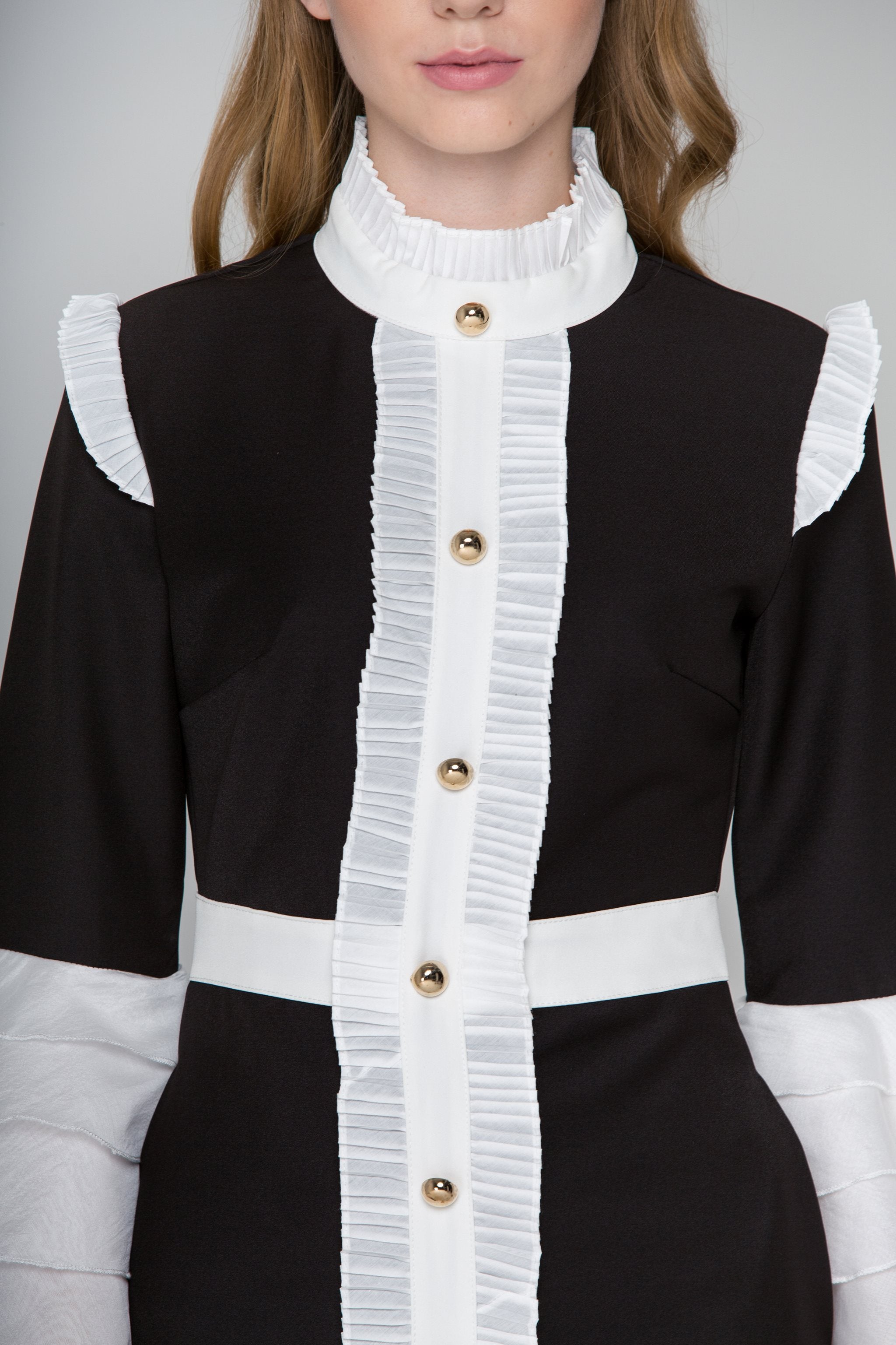 Black and White Pleated Ruffle Bell Sleeve Midi Dress Black and White Pleated Ruffle Bell Sleeve Midi Dress