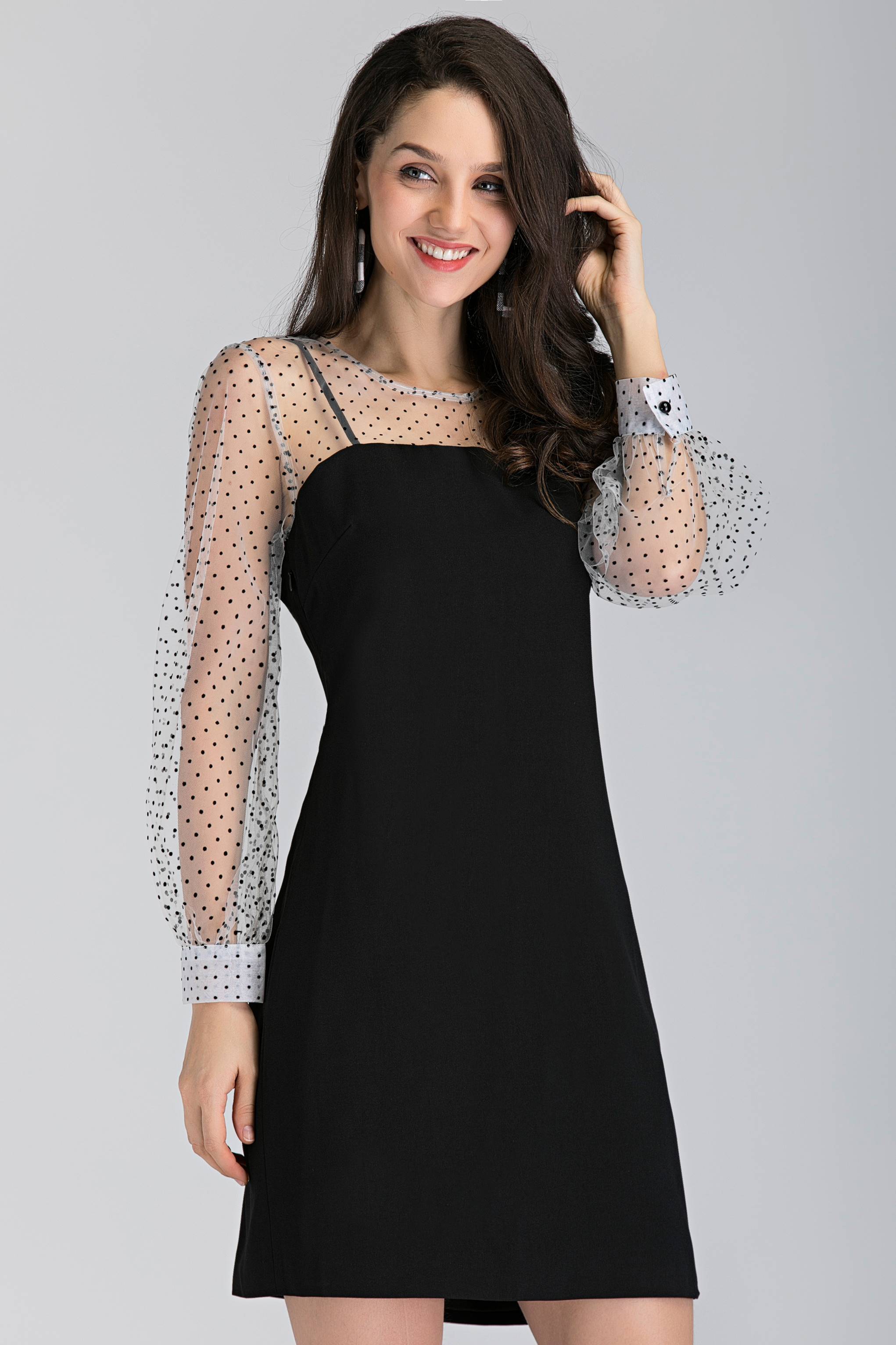 Black and White Sheer Polka Dot Sleeved Midi Dress Black and White Sheer Polka Dot Sleeved Midi Dress