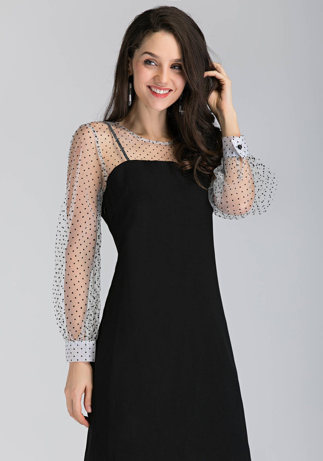 Black and White Sheer Polka Dot Sleeved Midi Dress