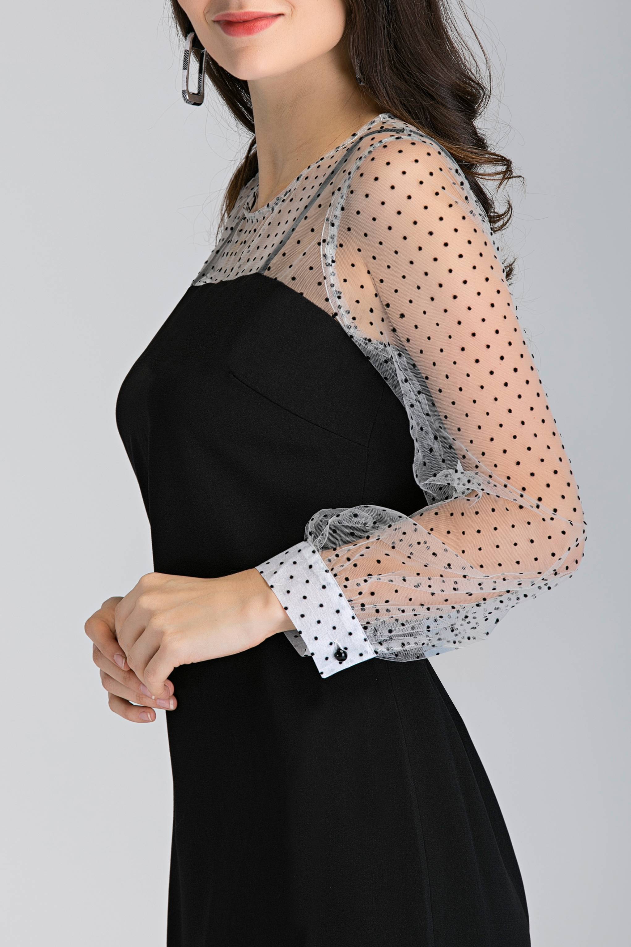 Black and White Sheer Polka Dot Sleeved Midi Dress Black and White Sheer Polka Dot Sleeved Midi Dress