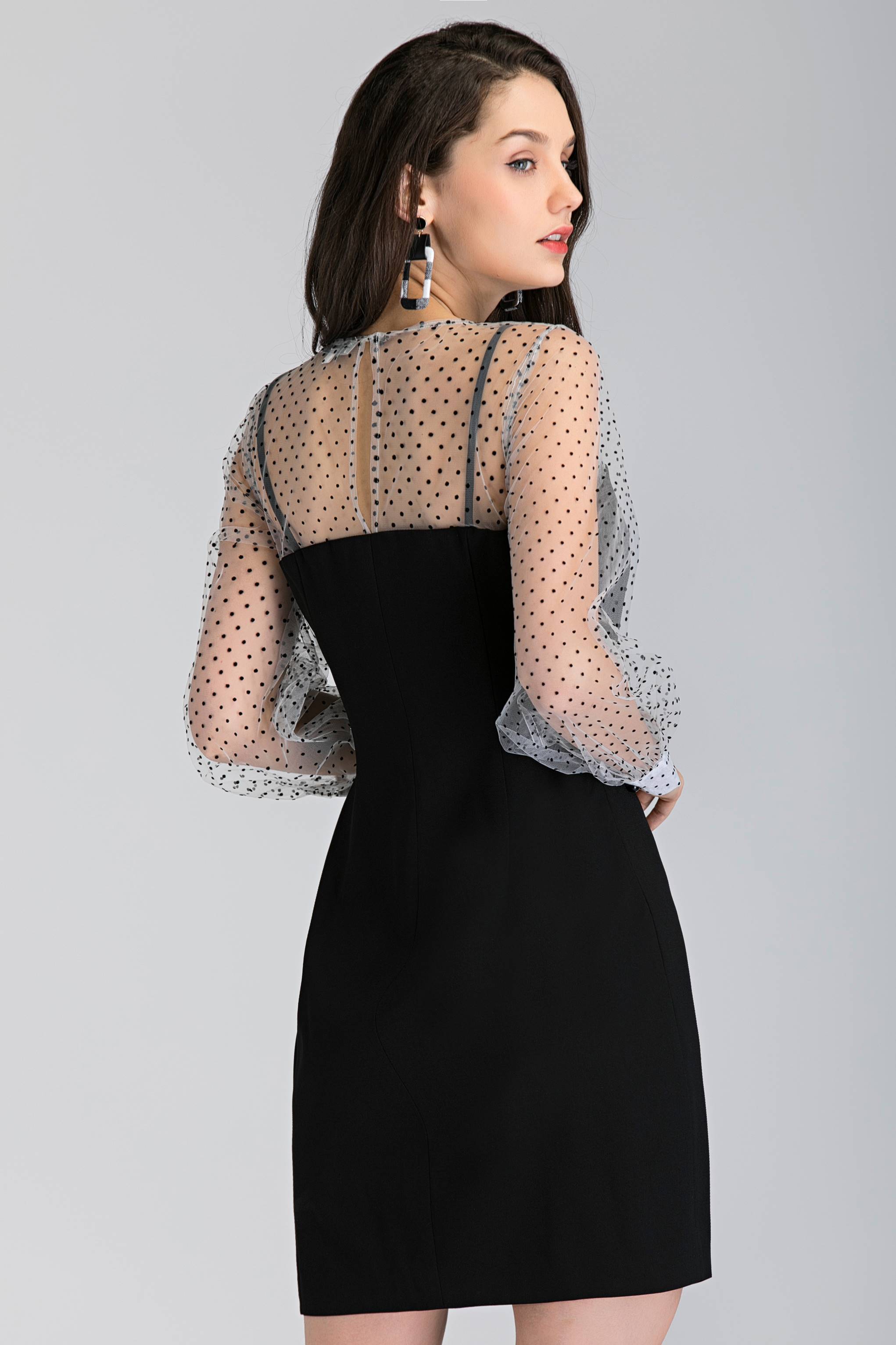 Black and White Sheer Polka Dot Sleeved Midi Dress Black and White Sheer Polka Dot Sleeved Midi Dress