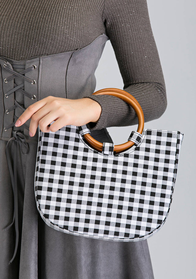 Blue Gingham Wood Ring Handle Bag