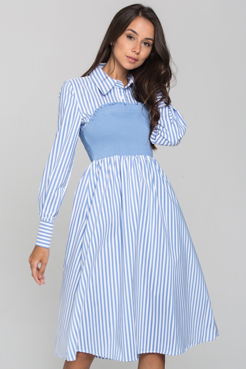Blue Stripe Knit Panel Midi Shirt Dress Blue Stripe Knit Panel Midi Shirt Dress