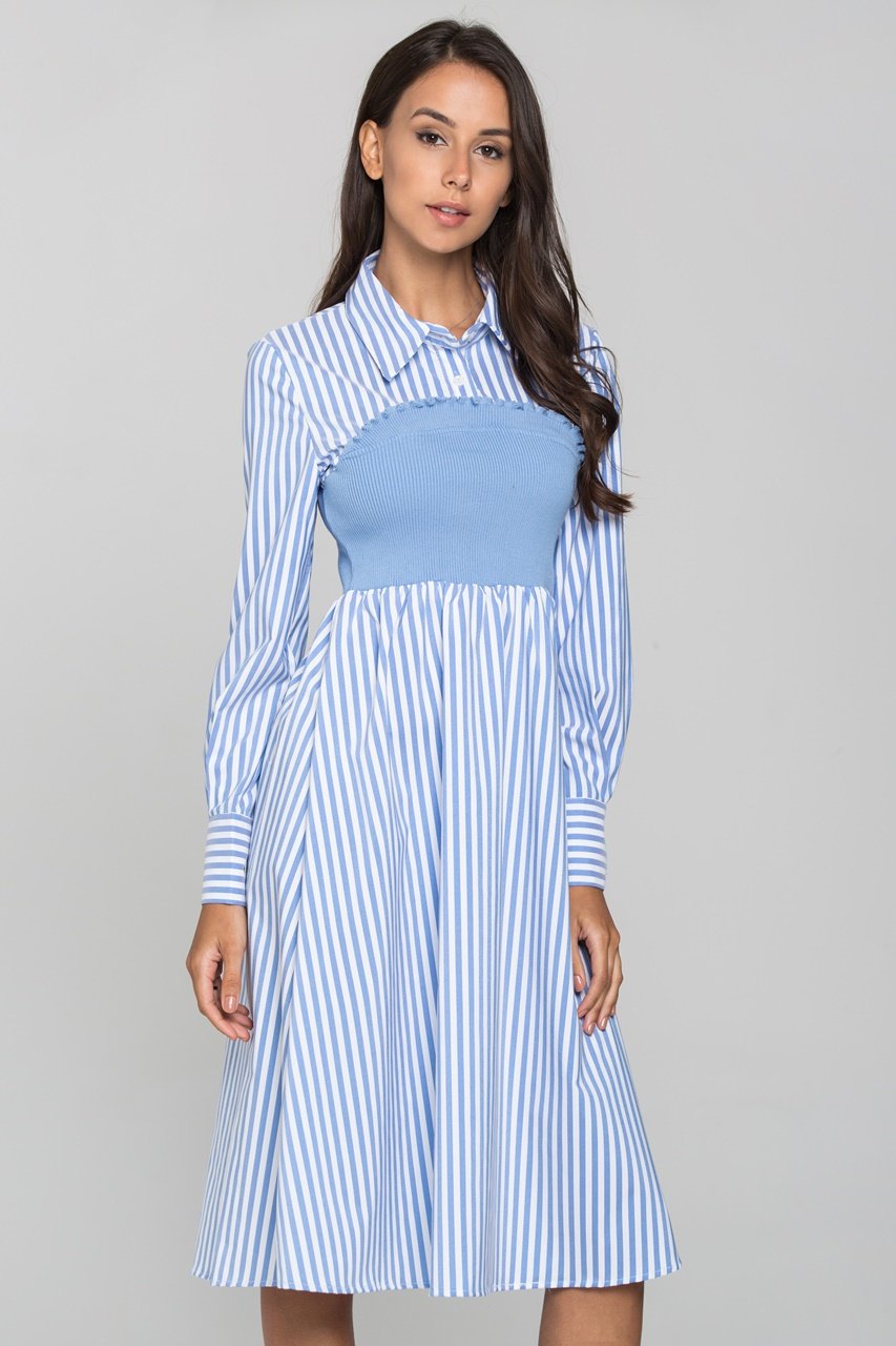 Blue Stripe Knit Panel Midi Shirt Dress Blue Stripe Knit Panel Midi Shirt Dress