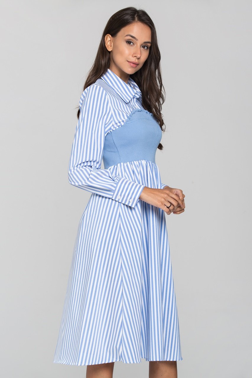Blue Stripe Knit Panel Midi Shirt Dress Blue Stripe Knit Panel Midi Shirt Dress