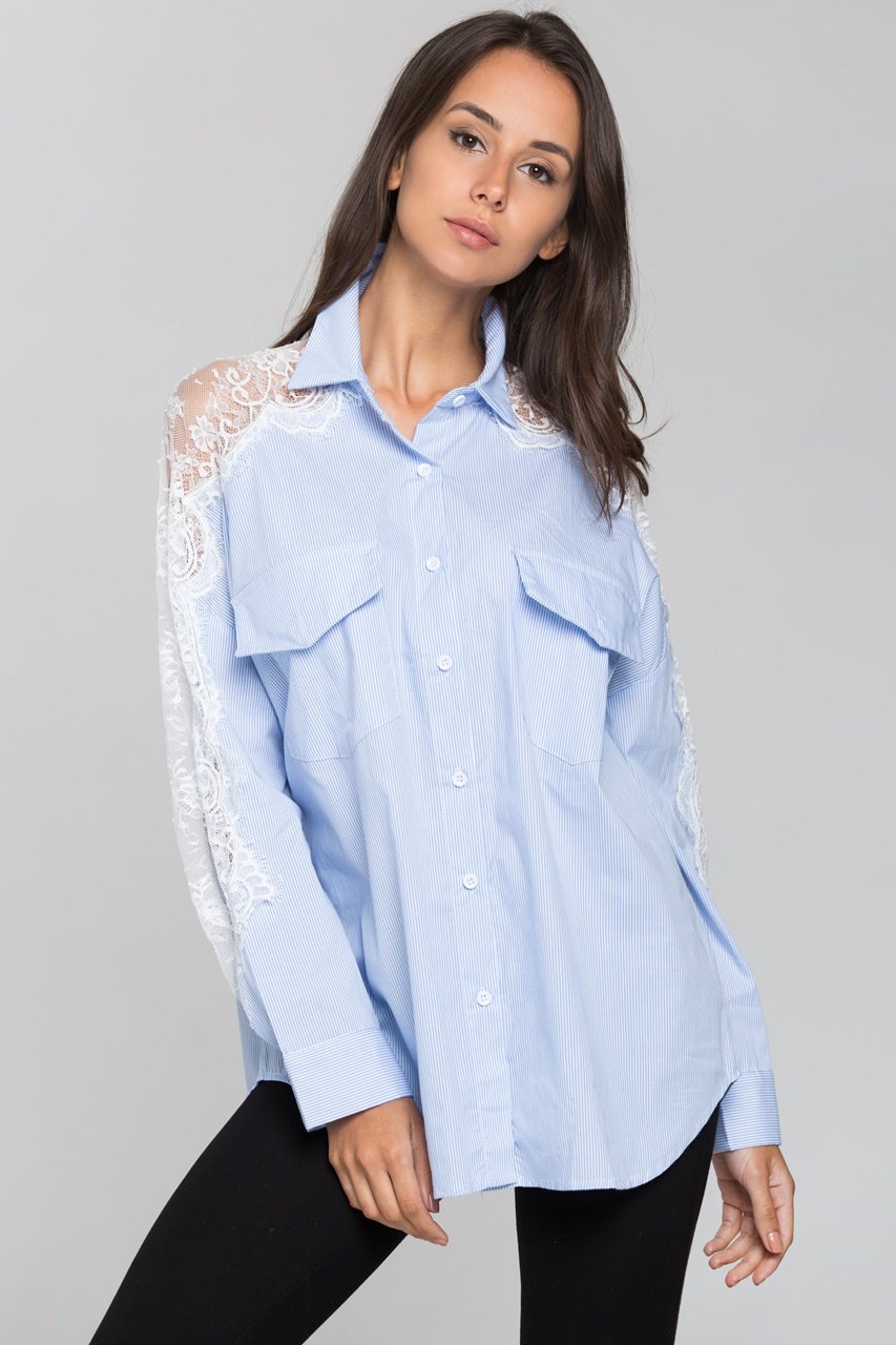 Blue Stripe and Lace Shoulder Button Up Top Blue Stripe and Lace Shoulder Button Up Top