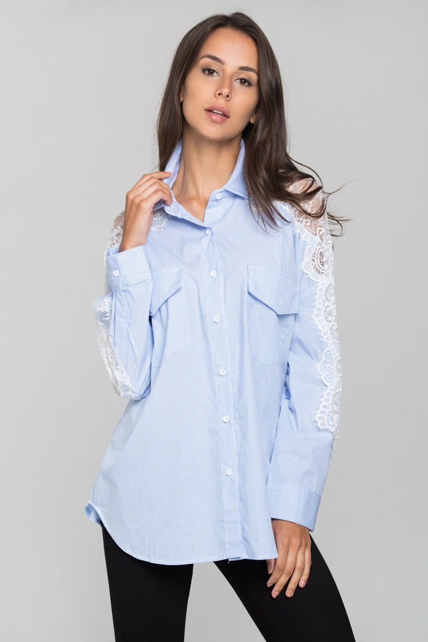 Blue Stripe and Lace Shoulder Button Up Top Blue Stripe and Lace Shoulder Button Up Top