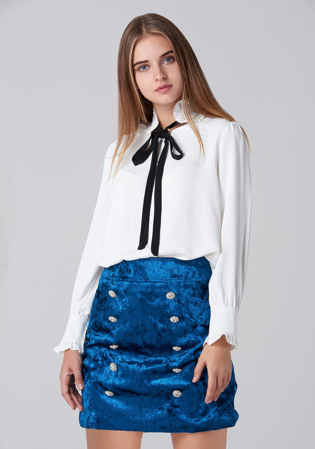 Blue Velvet Double Jewel Button Skirt