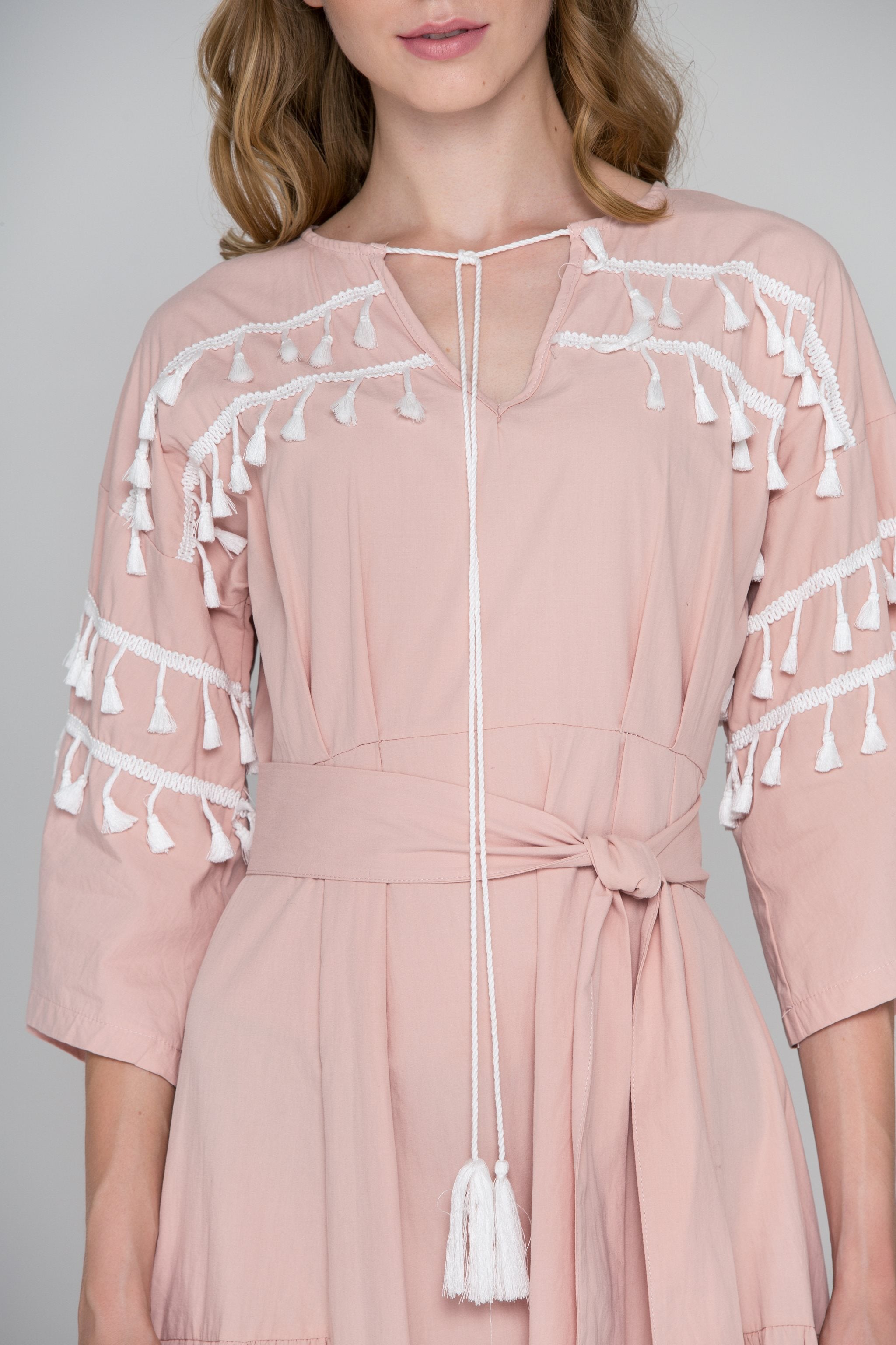 Blush and White Tassel Flare Sleeve Midi Dress Blush and White Tassel Flare Sleeve Midi Dress
