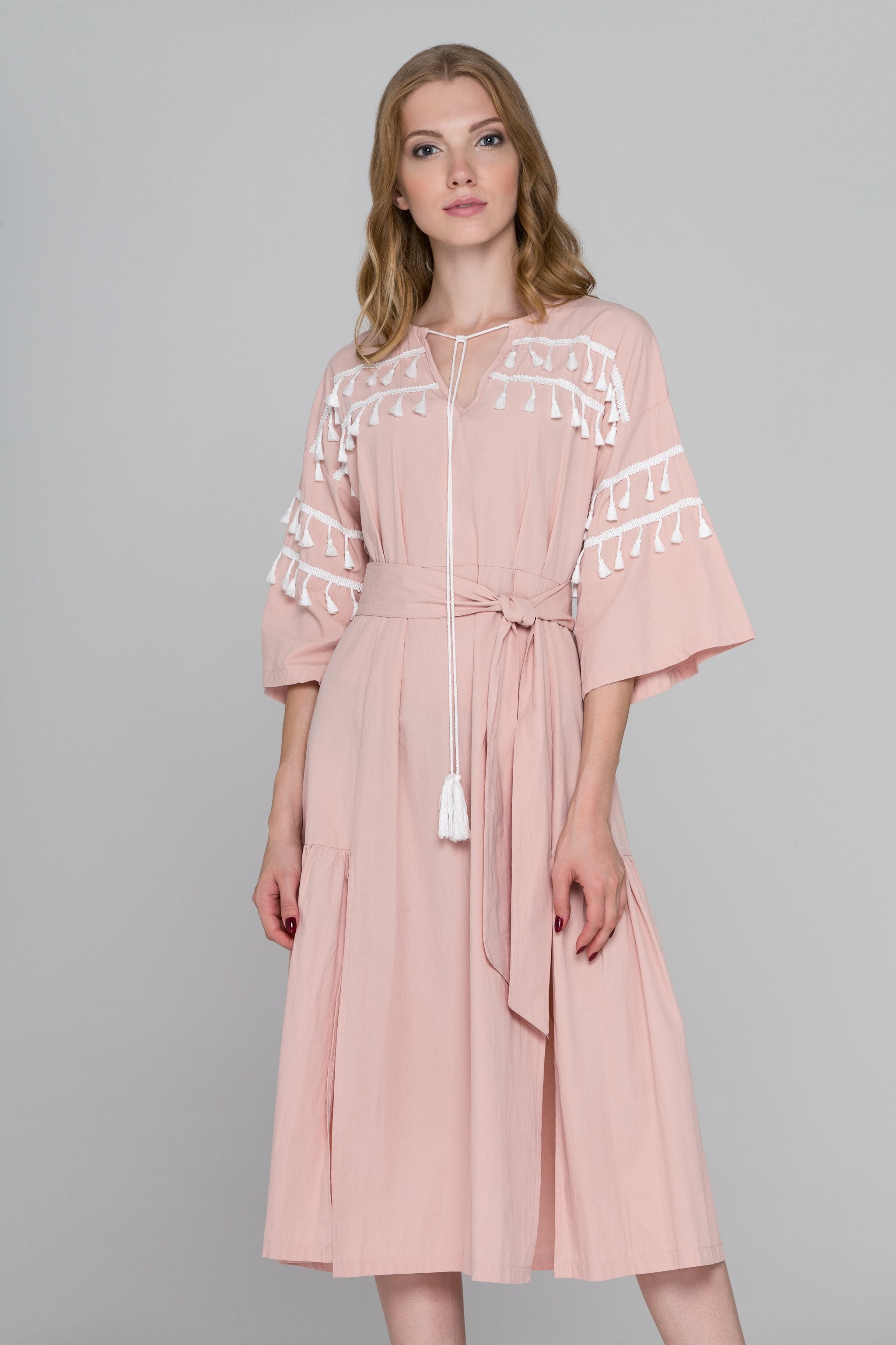 Blush and White Tassel Flare Sleeve Midi Dress Blush and White Tassel Flare Sleeve Midi Dress
