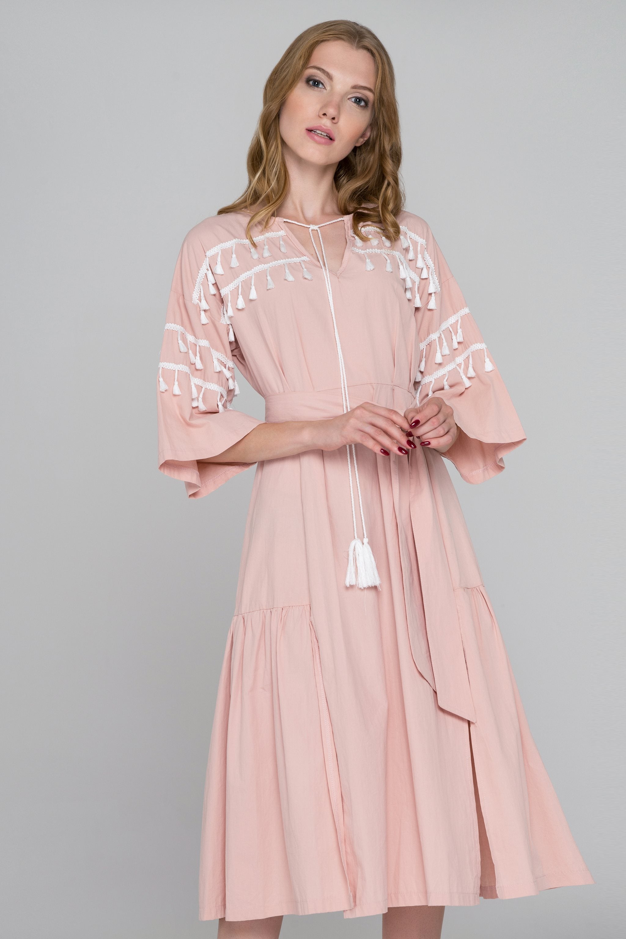 Blush and White Tassel Flare Sleeve Midi Dress Blush and White Tassel Flare Sleeve Midi Dress