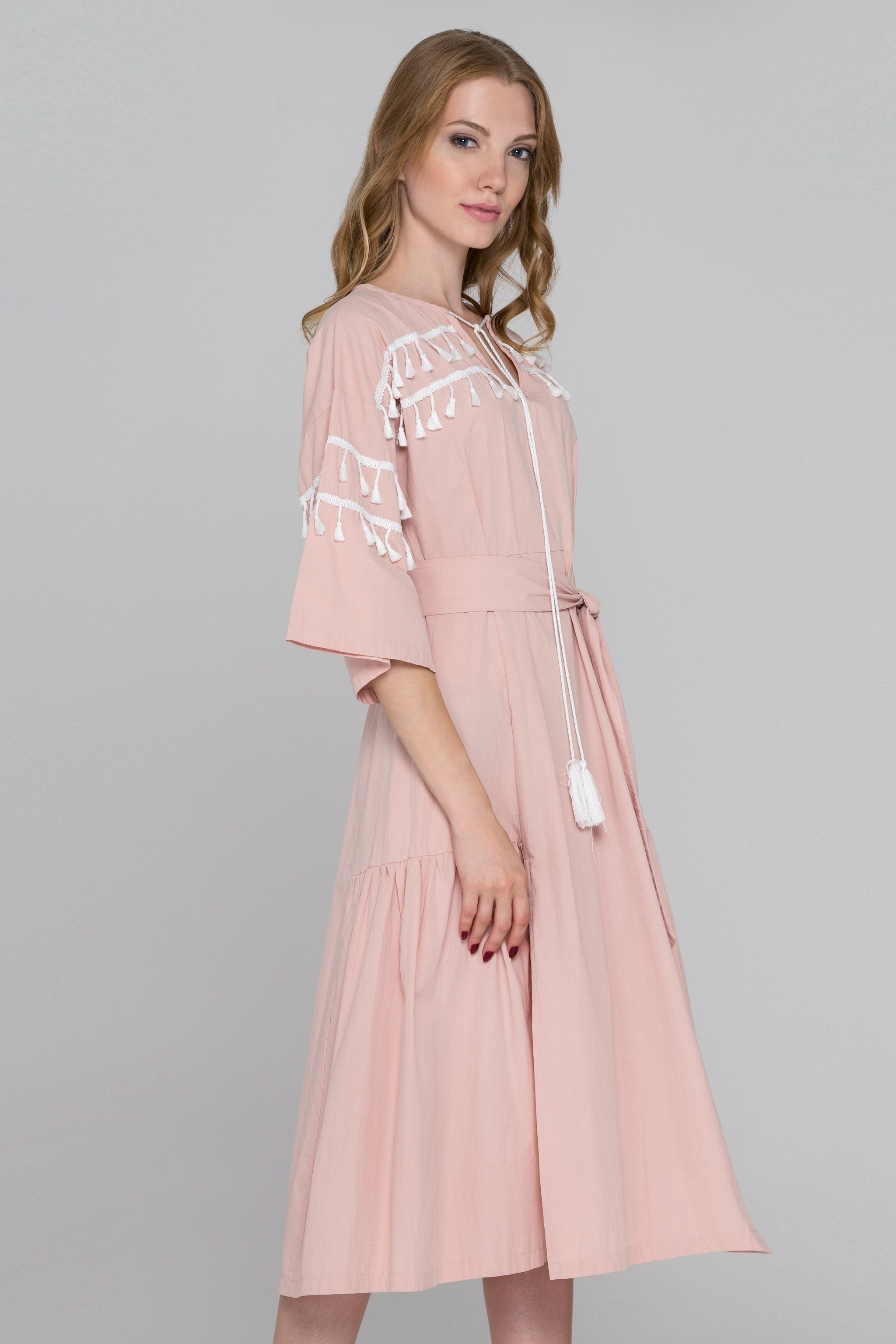 Blush and White Tassel Flare Sleeve Midi Dress Blush and White Tassel Flare Sleeve Midi Dress