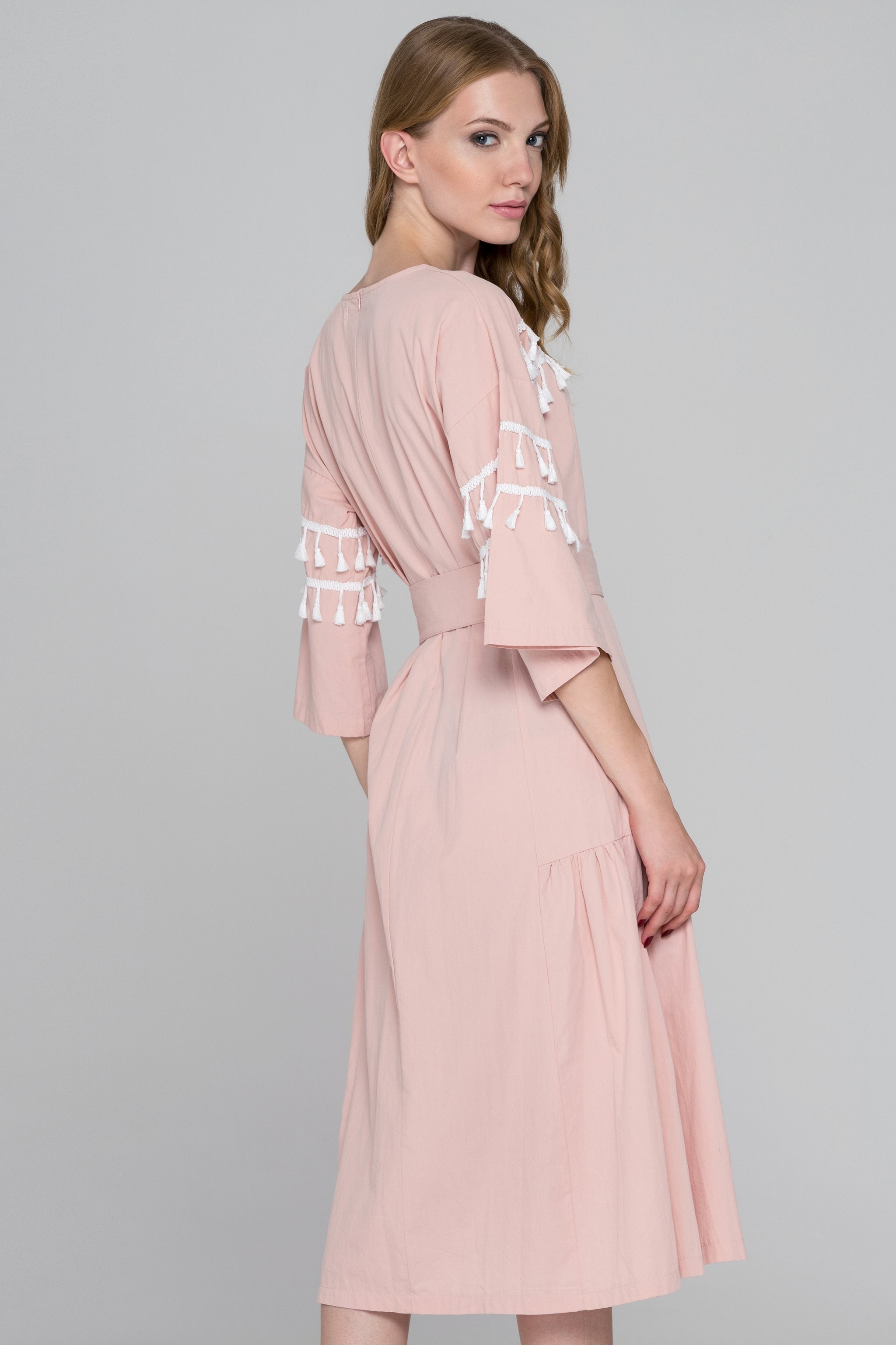 Blush and White Tassel Flare Sleeve Midi Dress Blush and White Tassel Flare Sleeve Midi Dress