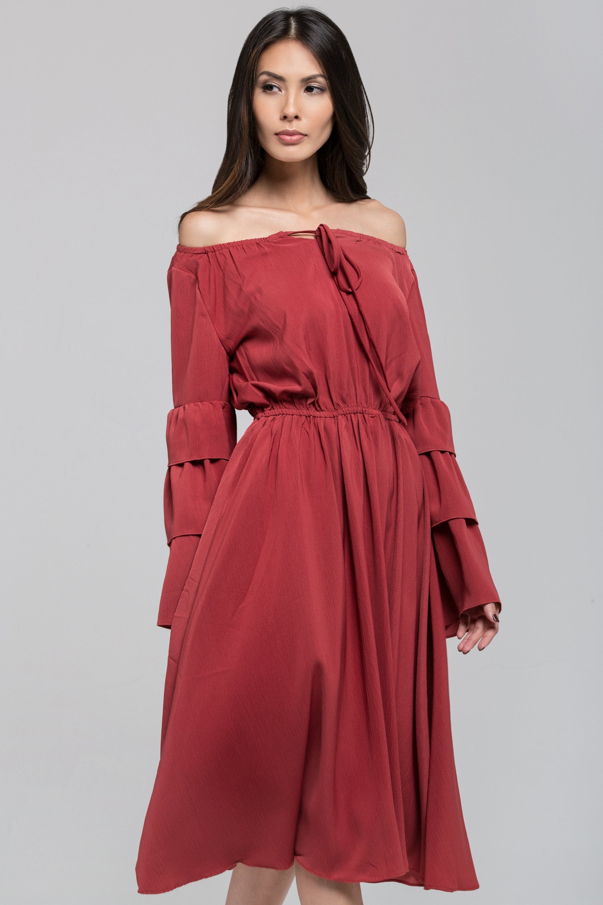 Brick Red Ruffle Flare Sleeve Midi Dress Brick Red Ruffle Flare Sleeve Midi Dress