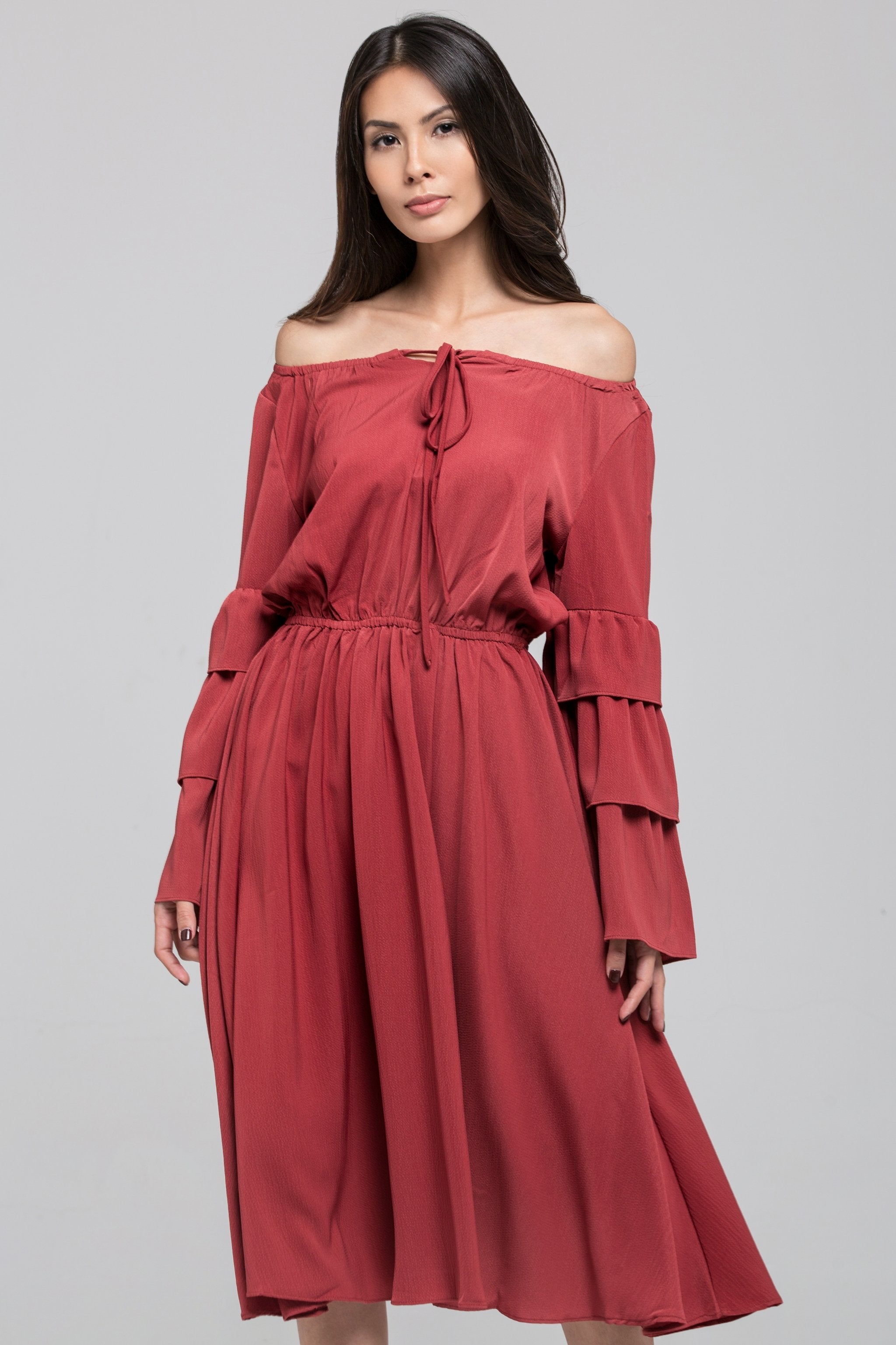 Brick Red Ruffle Flare Sleeve Midi Dress Brick Red Ruffle Flare Sleeve Midi Dress