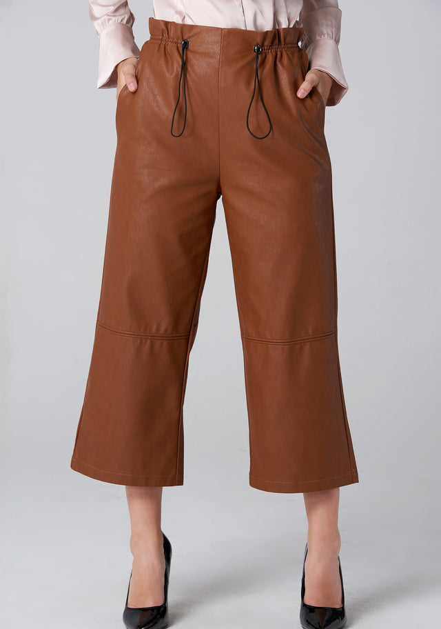 Brown Faux Leather Draw String Pants