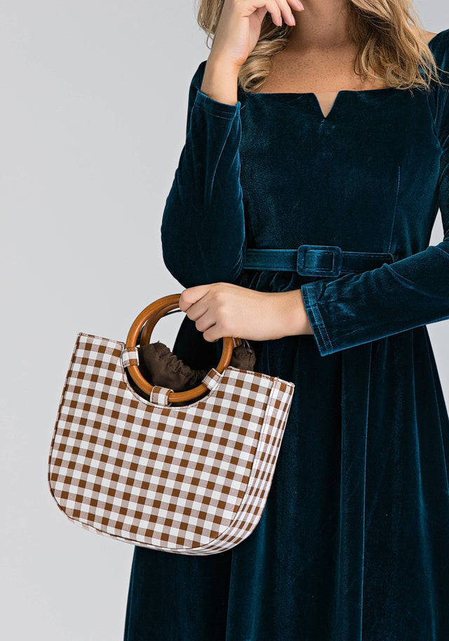 Brown Gingham Wood Ring Handle Bag