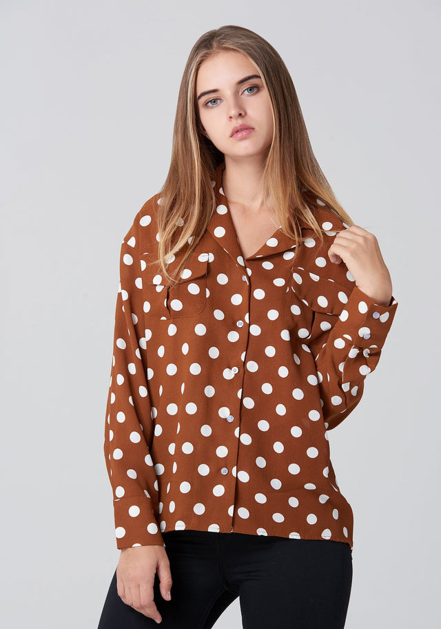 Brown and White Polka dot Long Sleeve Shirt