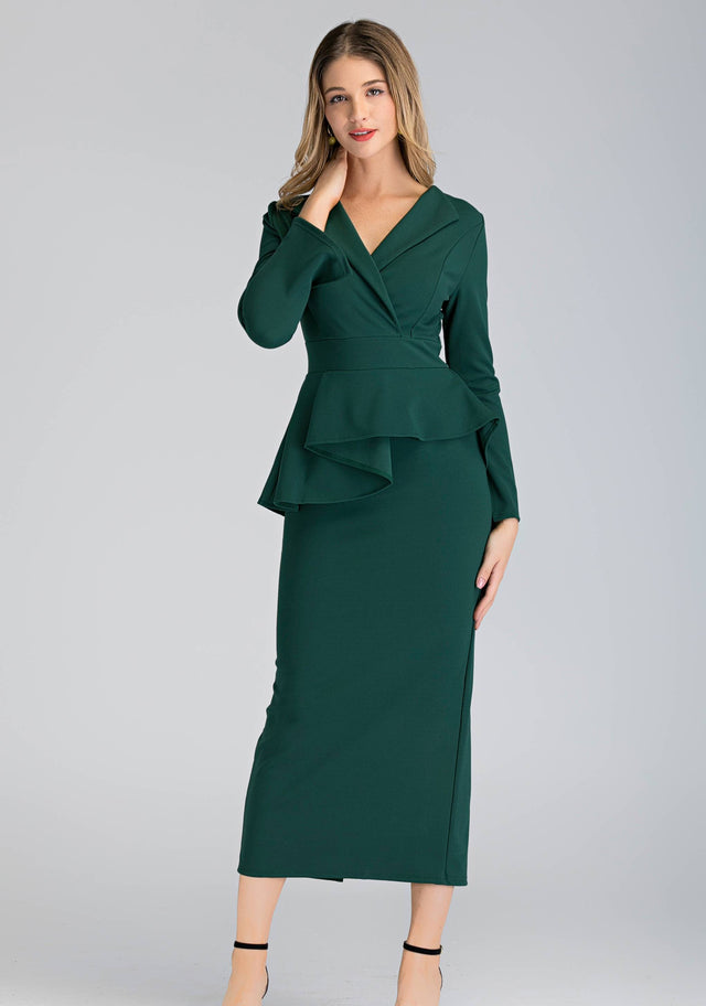 Brunswick Green Collared Peplum Maxi Dress