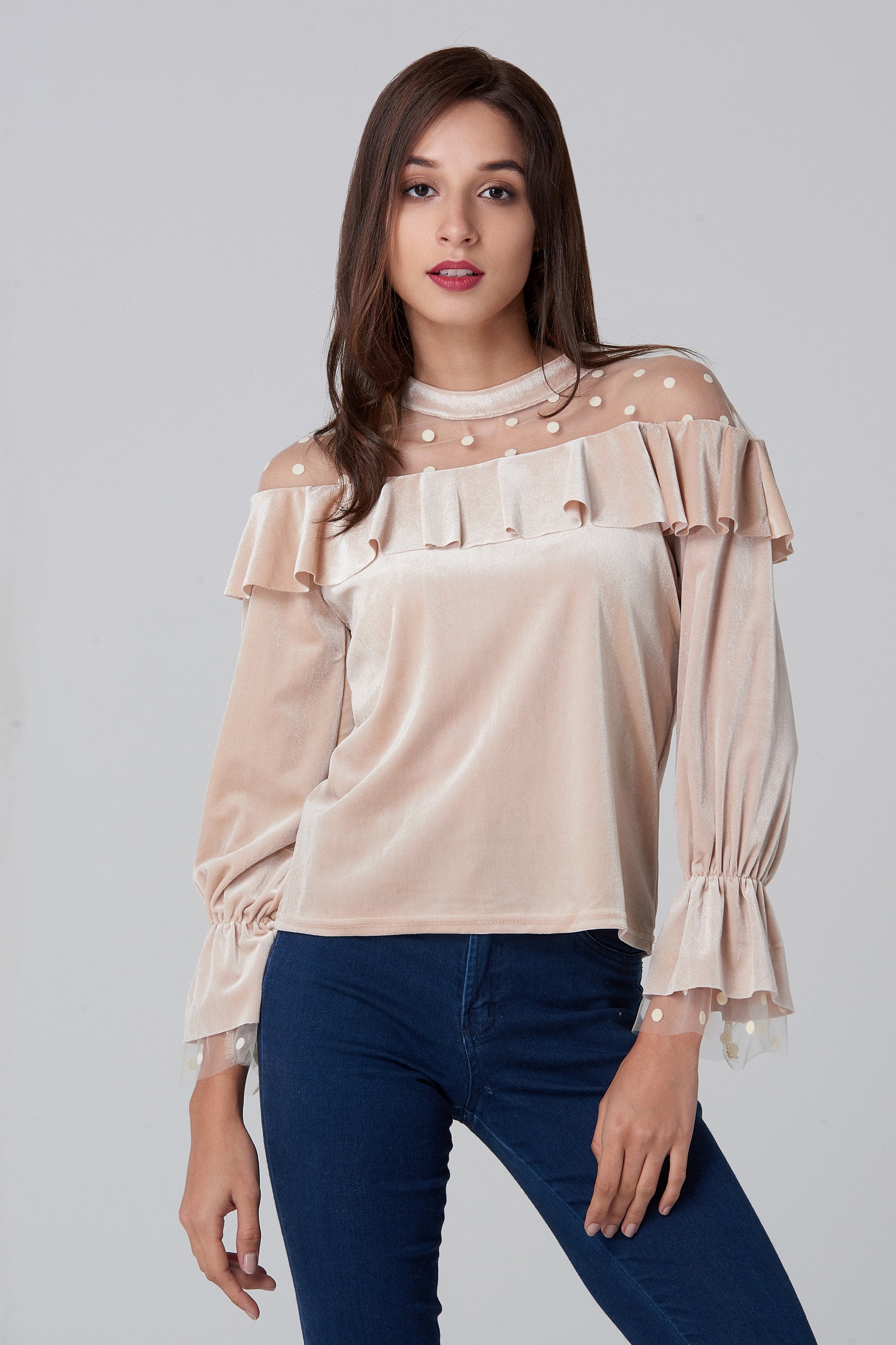 Champagne Velvet Sheer Polka dot Yoke Bardot Top Champagne Velvet Sheer Polka dot Yoke Bardot Top