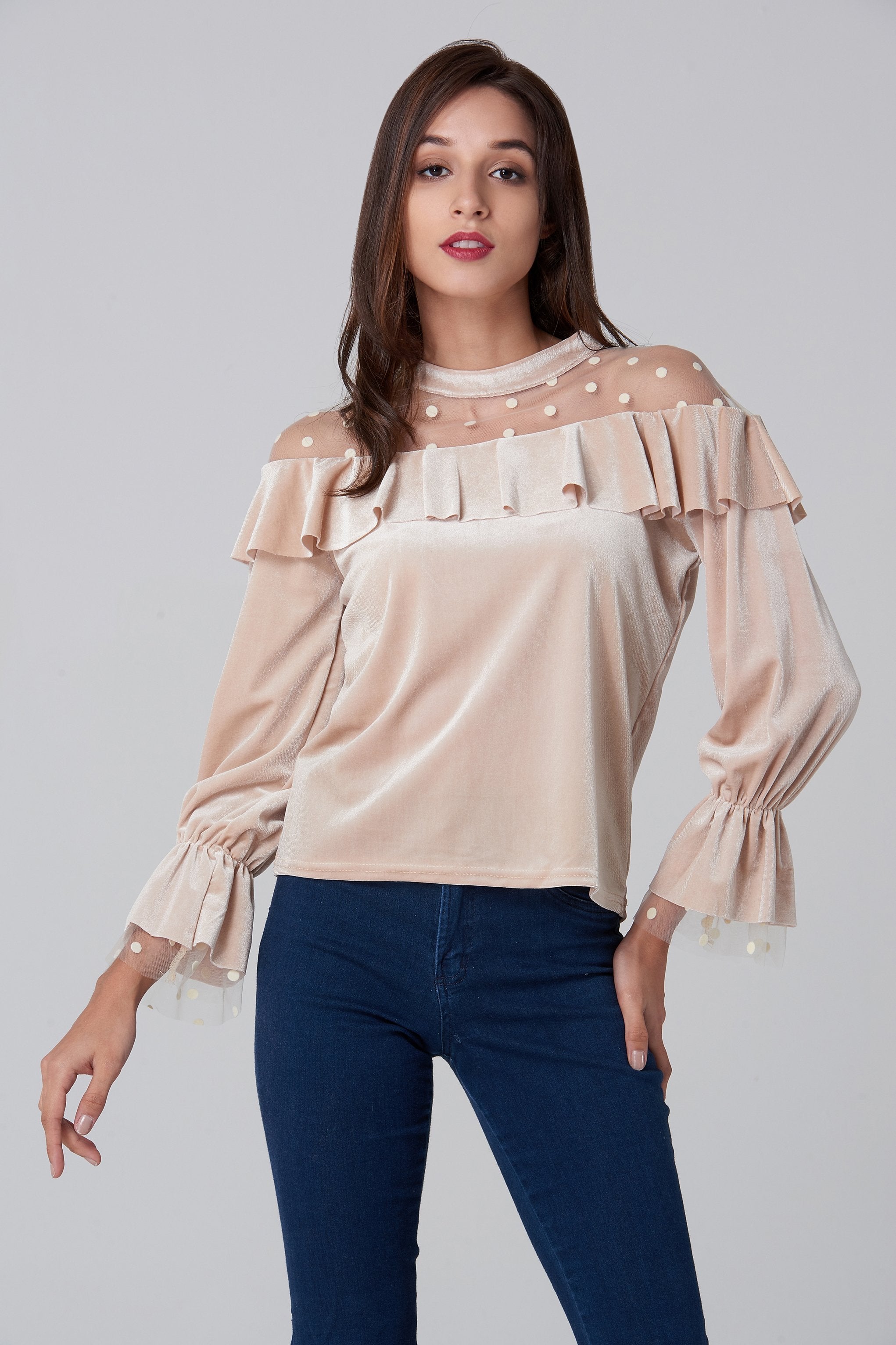 Champagne Velvet Sheer Polka dot Yoke Bardot Top Champagne Velvet Sheer Polka dot Yoke Bardot Top