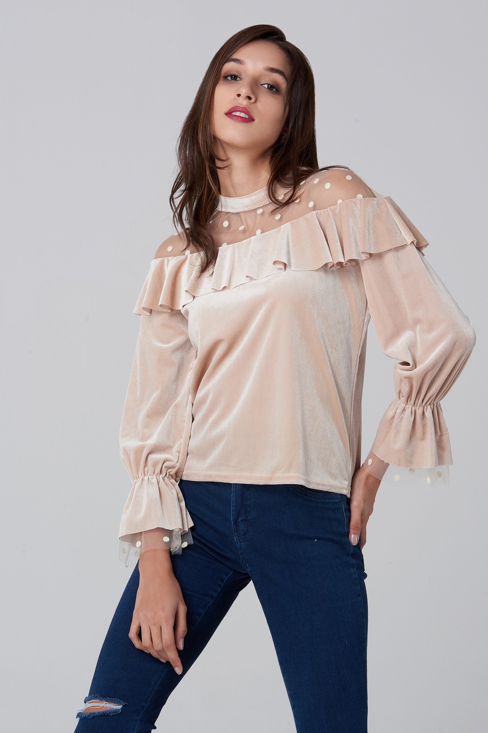 Champagne Velvet Sheer Polka dot Yoke Bardot Top Champagne Velvet Sheer Polka dot Yoke Bardot Top