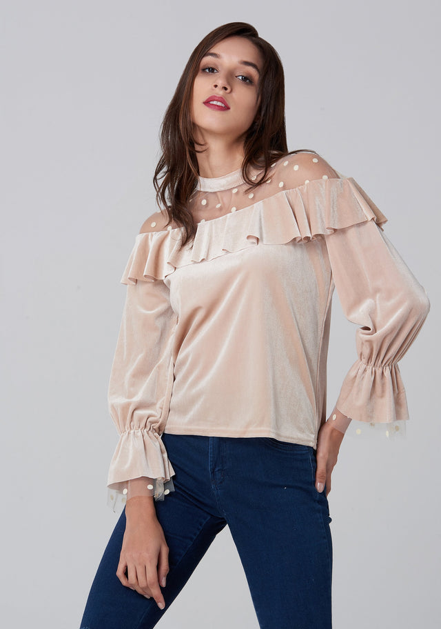 Champagne Velvet Sheer Polka dot Yoke Bardot Top
