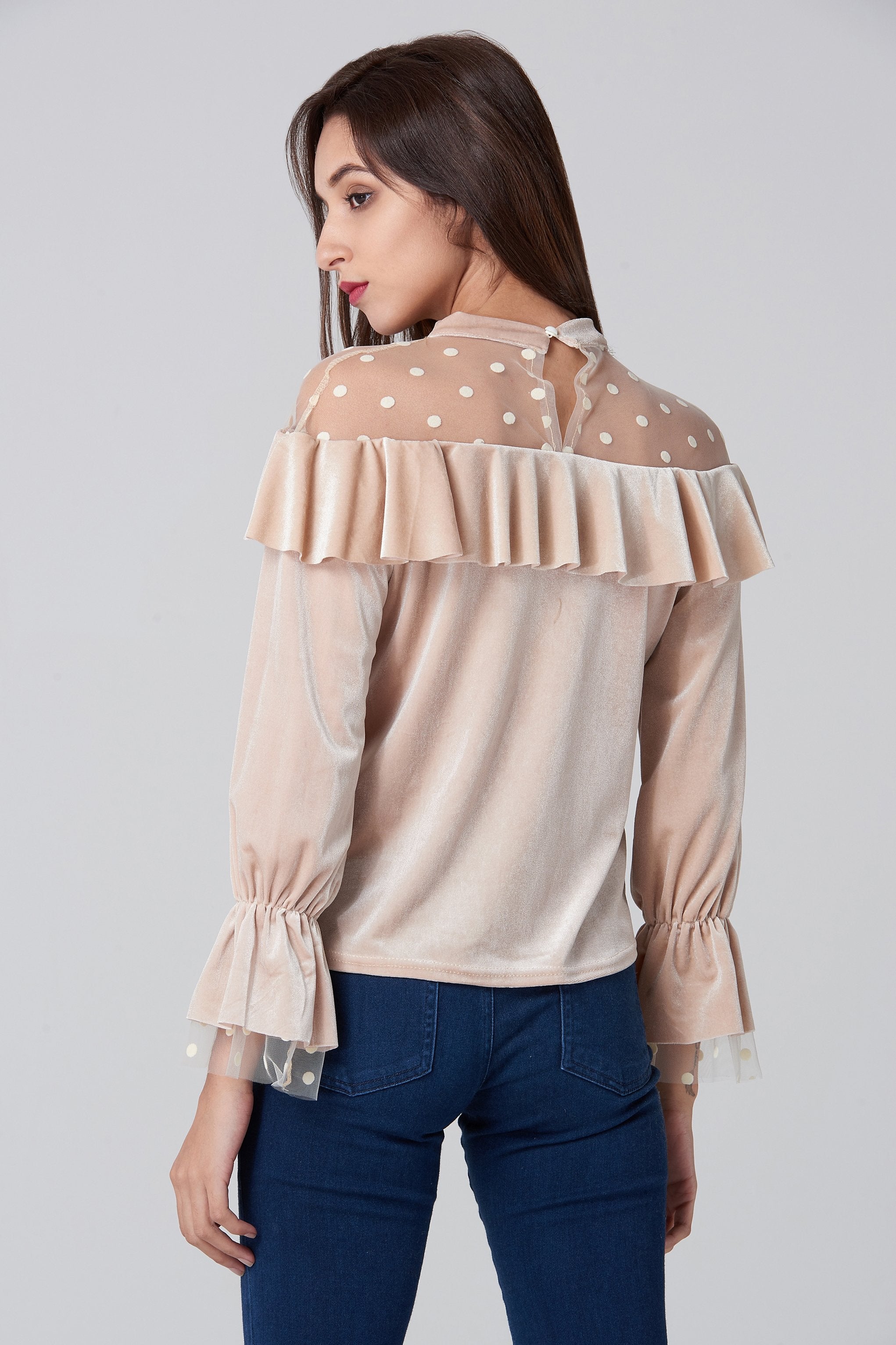 Champagne Velvet Sheer Polka dot Yoke Bardot Top Champagne Velvet Sheer Polka dot Yoke Bardot Top