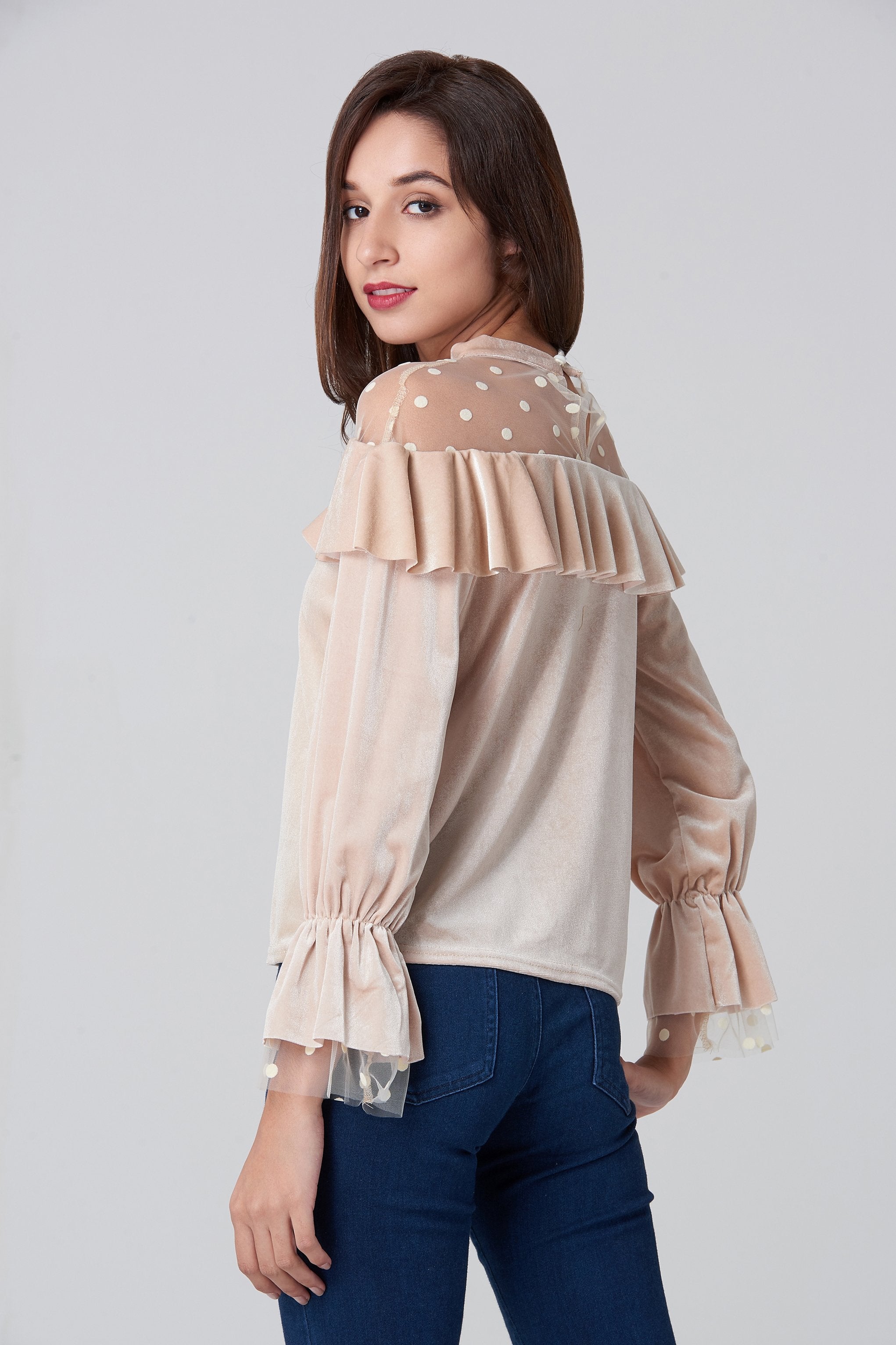 Champagne Velvet Sheer Polka dot Yoke Bardot Top Champagne Velvet Sheer Polka dot Yoke Bardot Top