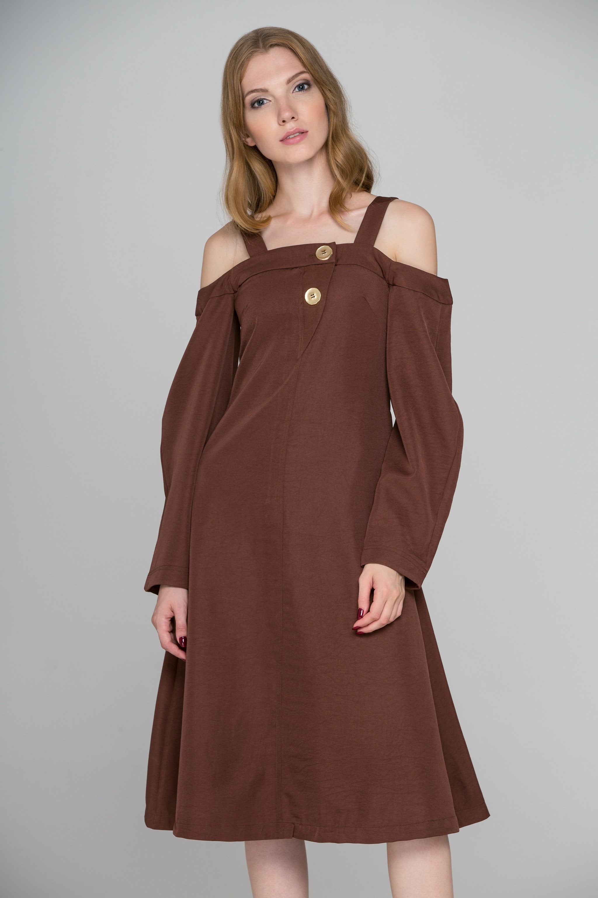 Chocolate Brown Cold Shoulder Midi Dress Chocolate Brown Cold Shoulder Midi Dress