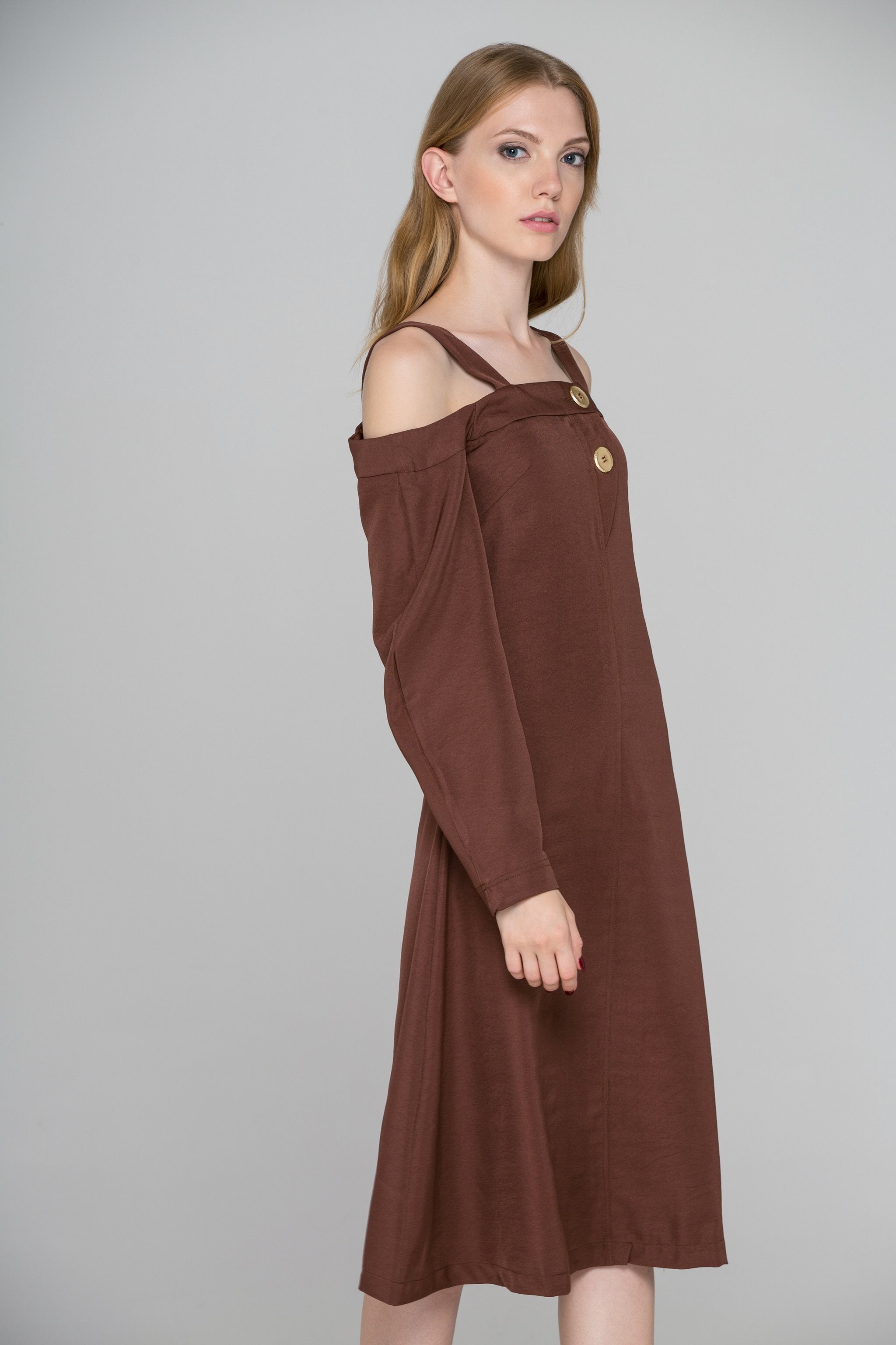 Chocolate Brown Cold Shoulder Midi Dress Chocolate Brown Cold Shoulder Midi Dress