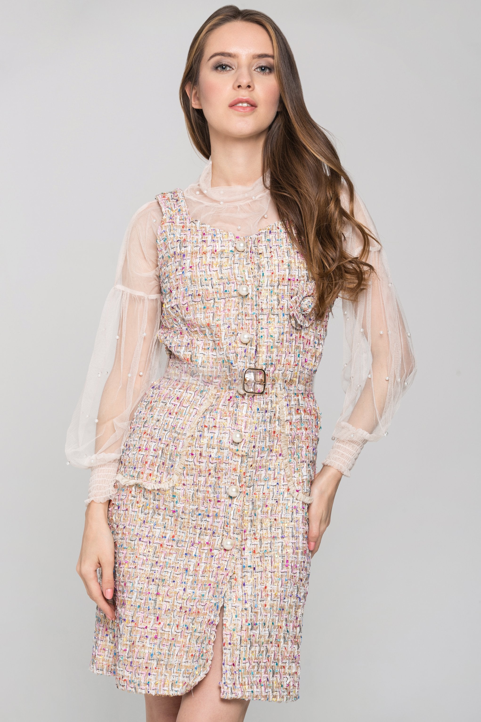 Confetti Tweed Sheer Sleeve Dress Set Confetti Tweed Sheer Sleeve Dress Set
