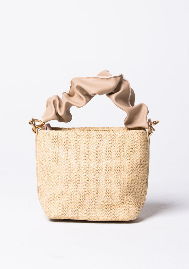 Faux Leather Ruffle Handle Straw Bucket Handbag