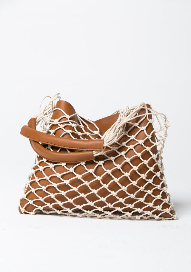 Faux Leather and Jute Macrame Hobo Bag