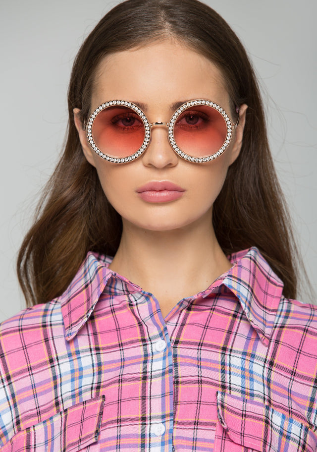 Faux Rhinestones Embellished Rim Round Sunglasses