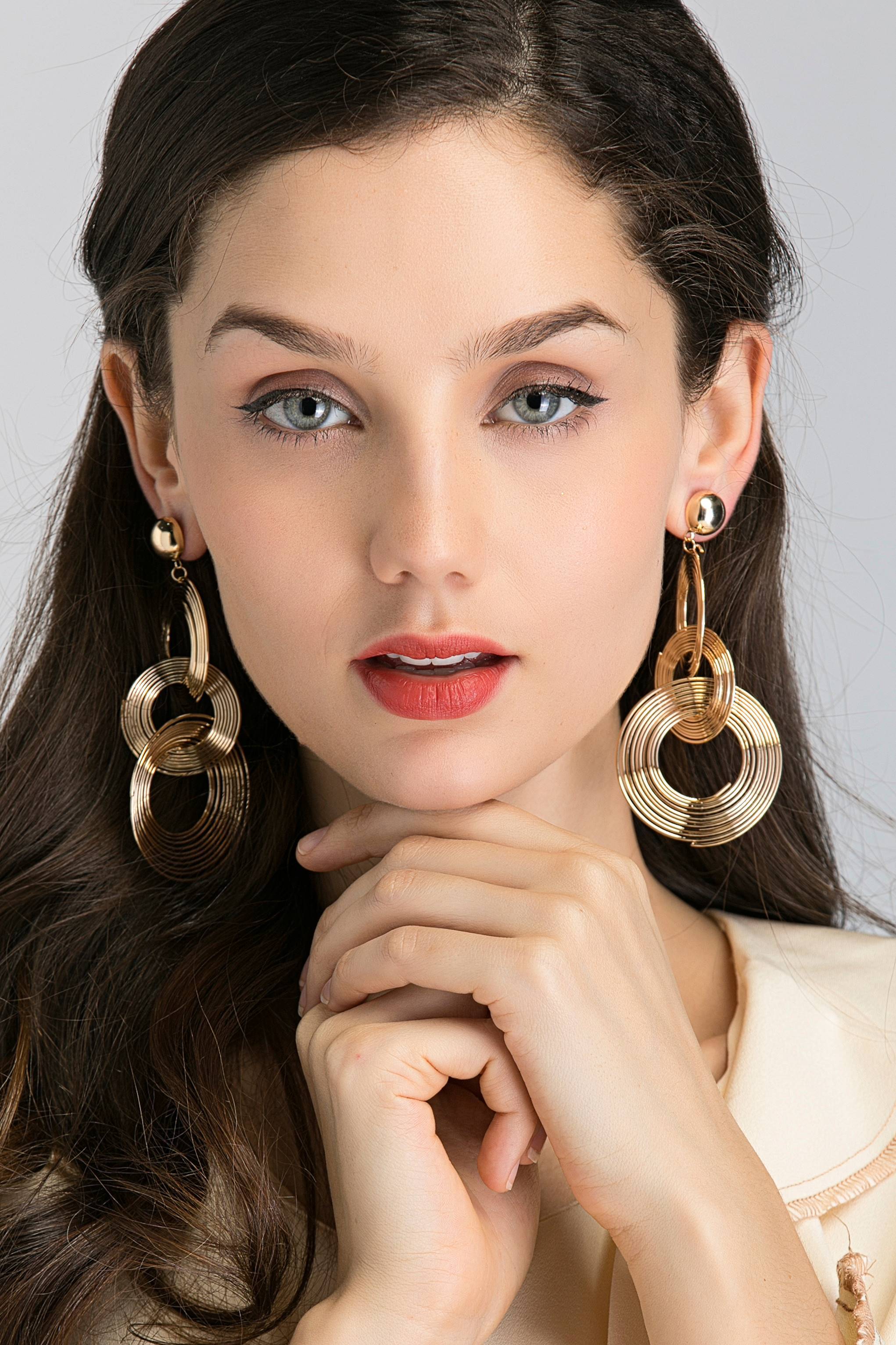 Gold Button Stud and Triple Spiral Drop Earrings Gold Button Stud and Triple Spiral Drop Earrings