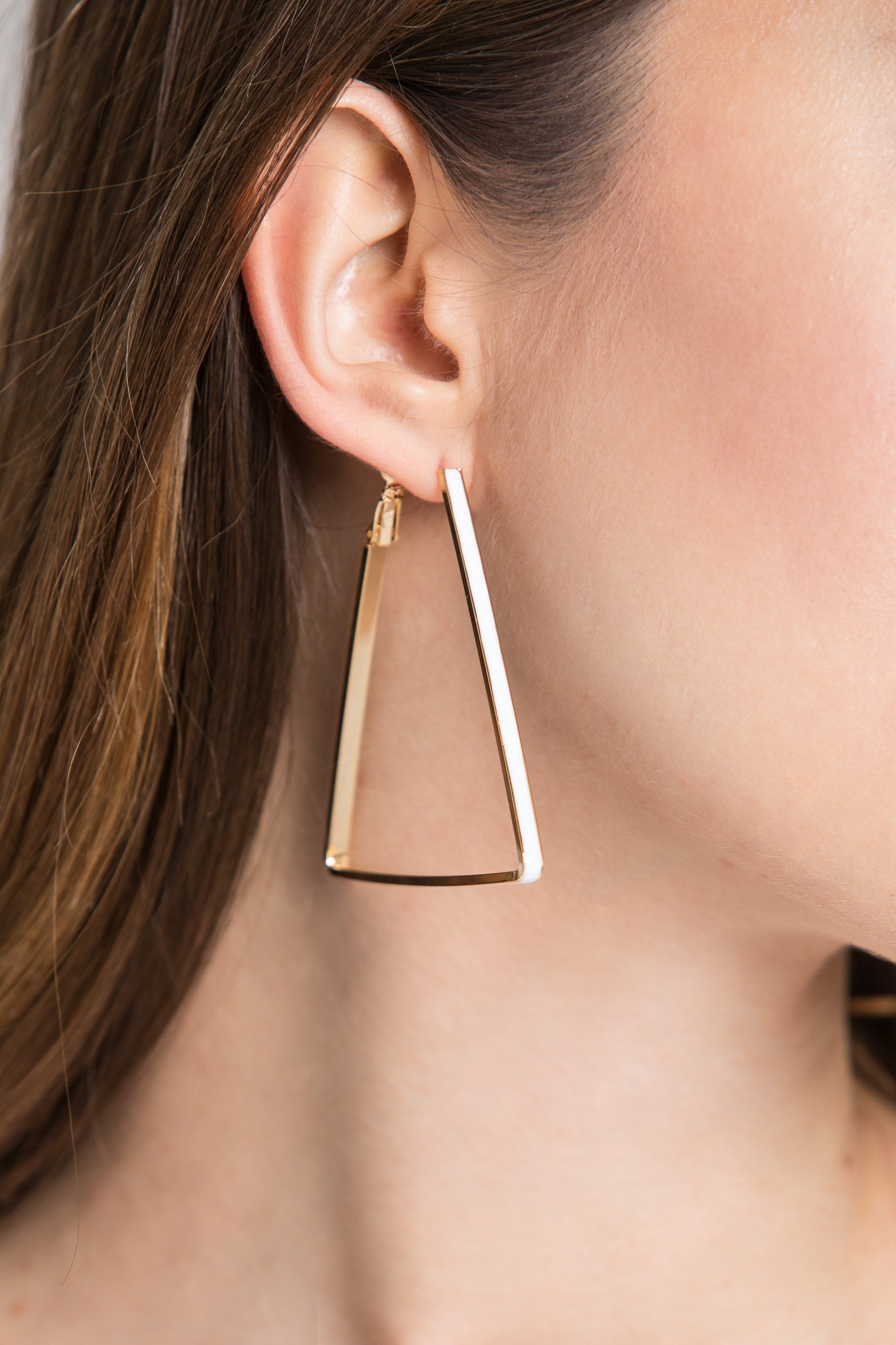 Gold Plated Triangle White Trim Loop Earrings Gold Plated Triangle White Trim Loop Earrings