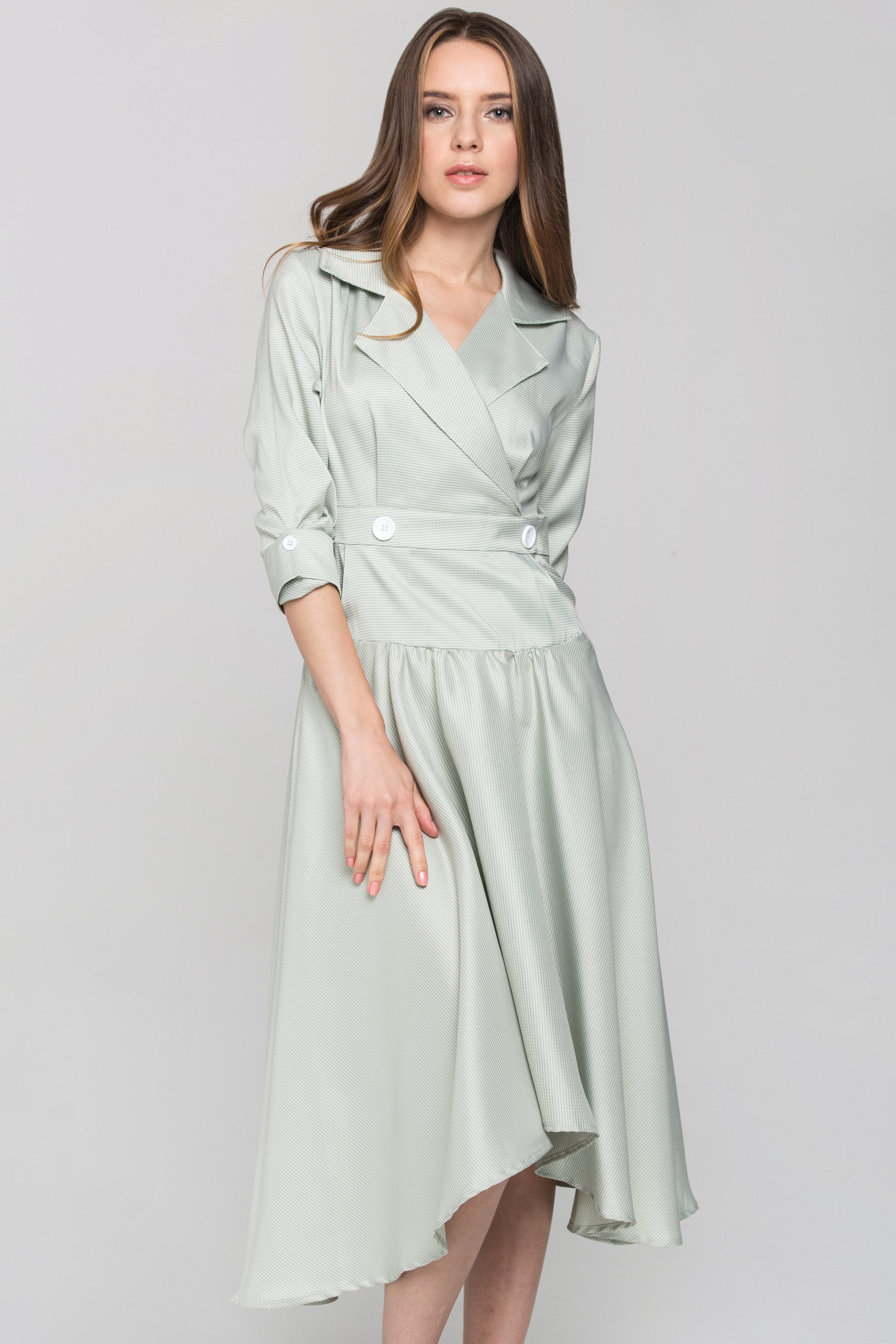 Green Check Collared Drop Waist Midi Dress Green Check Collared Drop Waist Midi Dress